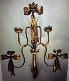 1920s Monumental Hollywood Regency Gilt Iron/Tole Ribbon Wall Sconce - Original