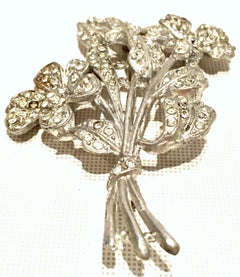 1920'S Monumental SIlver Pot Metal & Crystal Clear Rhinestone Flower Brooch