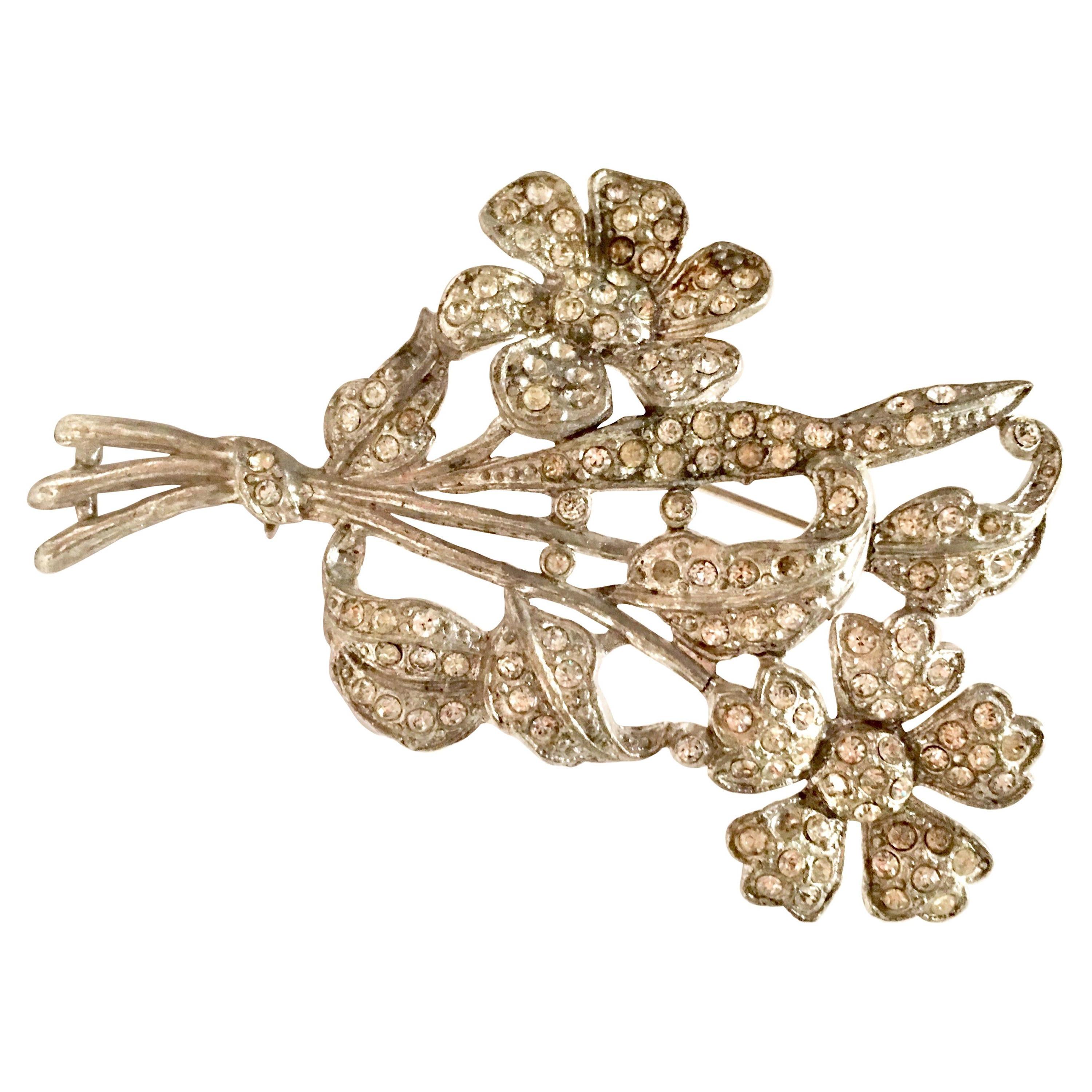 Women's or Men's 1920'S Monumental SIlver Pot Metal & Crystal Clear Rhinestone Flower Brooch For Sale