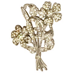 Retro 1920'S Monumental SIlver Pot Metal & Crystal Clear Rhinestone Flower Brooch