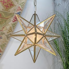 1920’s Moravian Glass Star Pendant Ceiling Light with Etched Star Decoration