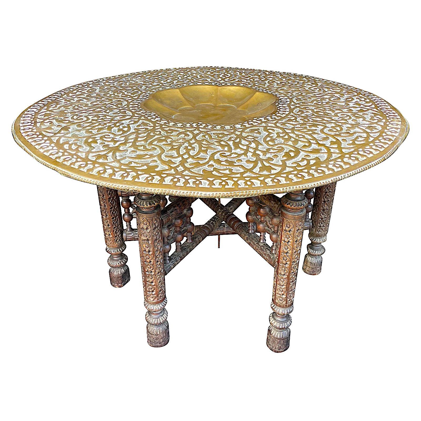 1920s Moroccan Carved Wooden Folding Table with Beautiful Hammered Brass Top