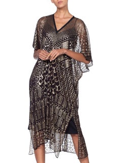 MORPHEW COLLECTION Silver & Black Cotton Net 1920S Egyptian Assuit Kaftan Dress
