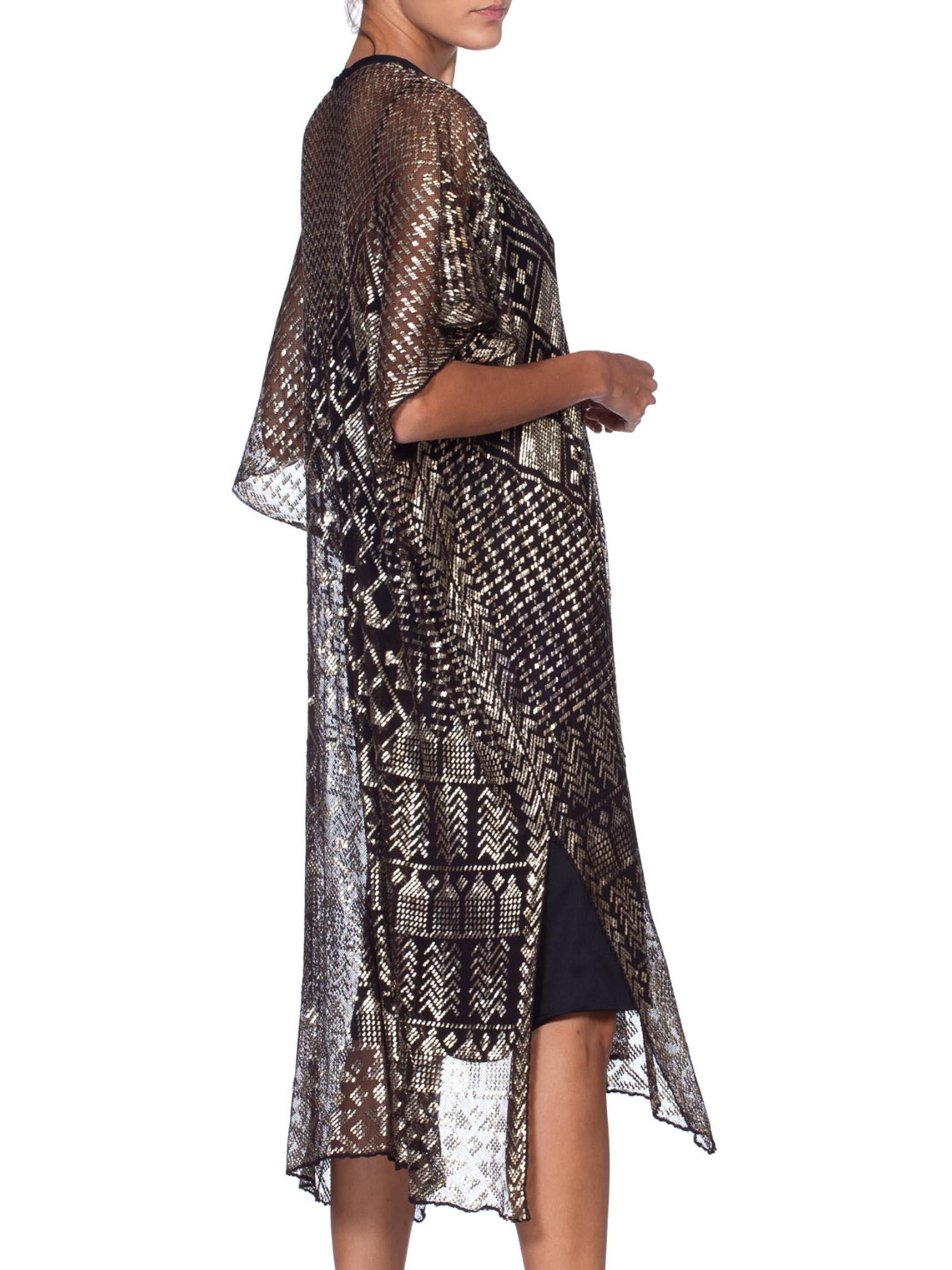 MORPHEW COLLECTION Silver & Black Cotton Net 1920S Egyptian Assuit Kaftan Dress In Excellent Condition In New York, NY