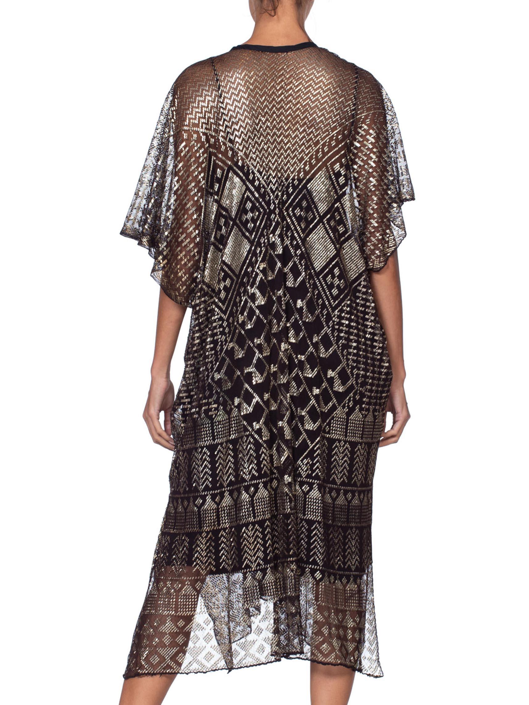 MORPHEW COLLECTION Silver & Black Cotton Net 1920S Egyptian Assuit Kaftan Dress 1