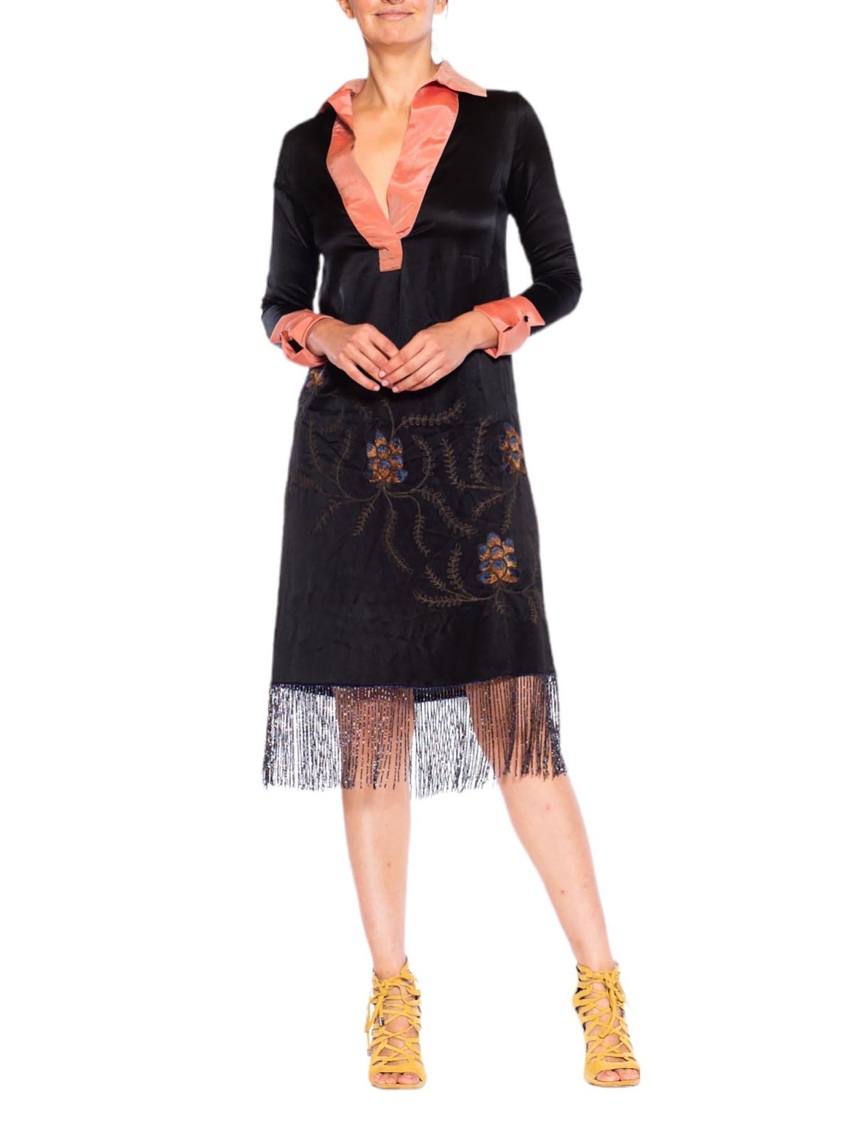 Women's 1920S Black & Pink Silk Faille Embroidered Dress With Beaded Fringe For Sale