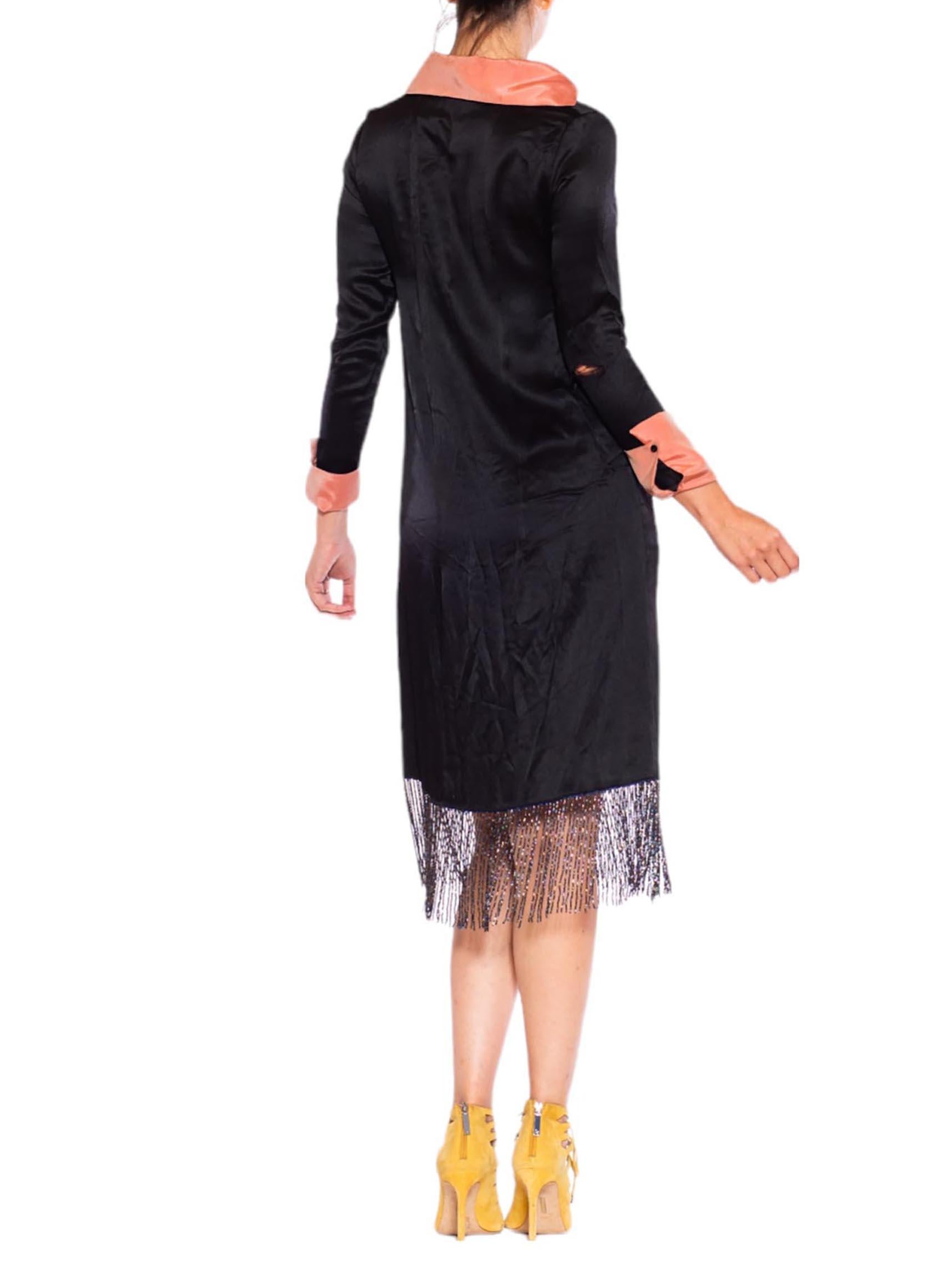 1920S Black & Pink Silk Faille Embroidered Dress With Beaded Fringe For Sale 3