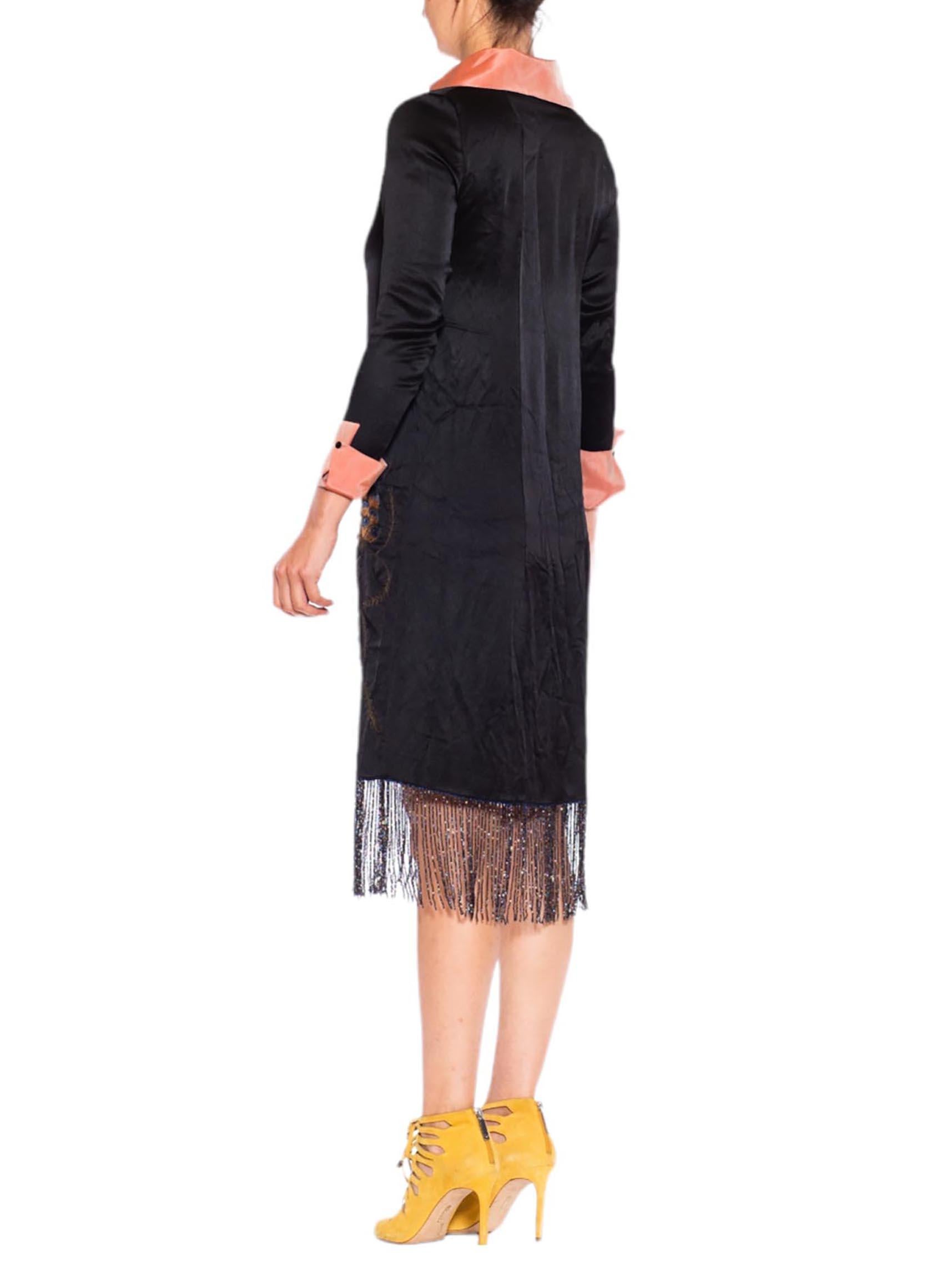 1920S Black & Pink Silk Faille Embroidered Dress With Beaded Fringe For Sale 4