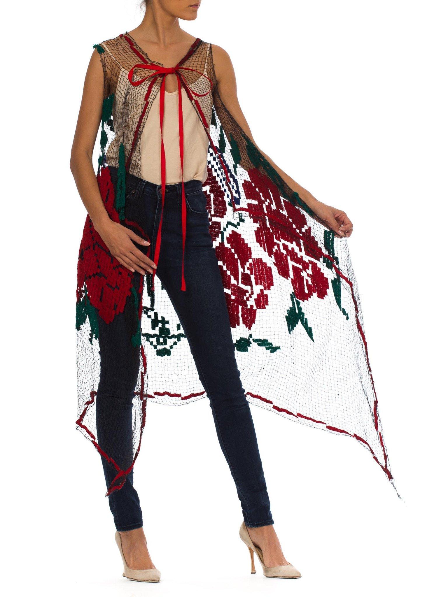 Black MORPHEW COLLECTION Multicolor Embroidered Net Lace Boho Vest
