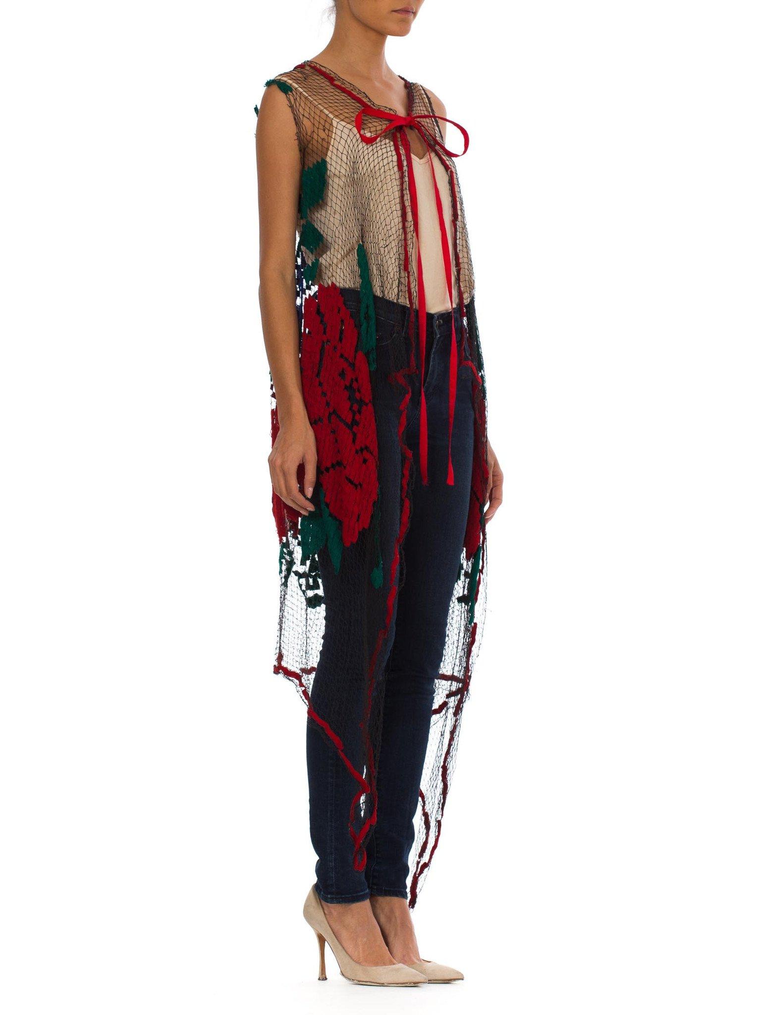 MORPHEW COLLECTION Multicolor Embroidered Net Lace Boho Vest In Excellent Condition In New York, NY