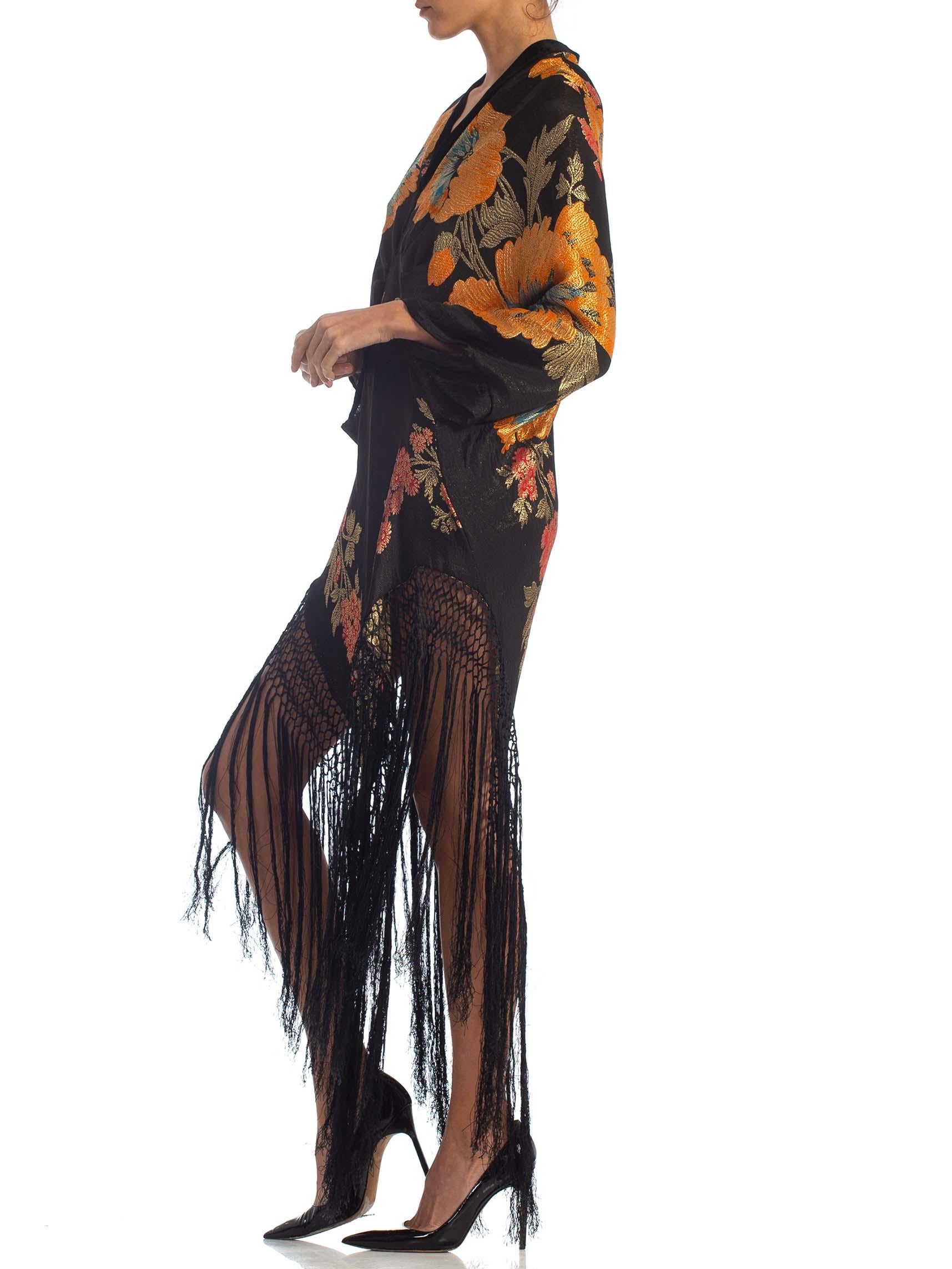 Black MORPHEW COLLECTION Floral Gold Lamé Silk Tunic Dress With Fringe