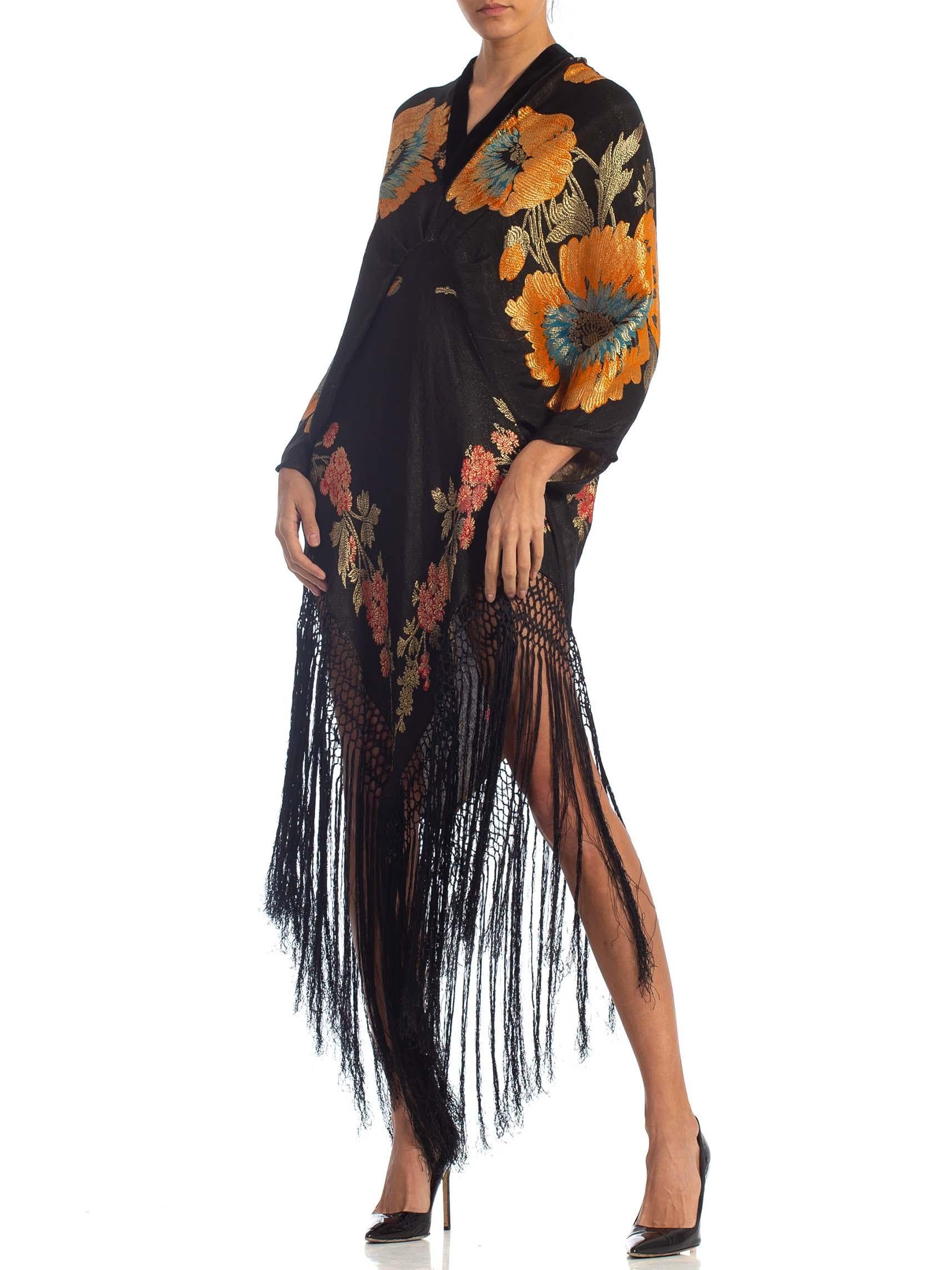 MORPHEW COLLECTION Floral Gold Lamé Silk Tunic Dress With Fringe In Excellent Condition In New York, NY