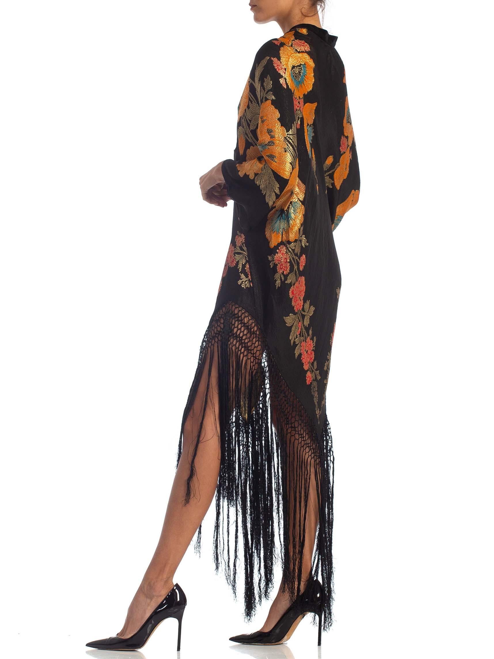 MORPHEW COLLECTION Floral Gold Lamé Silk Tunic Dress With Fringe 1