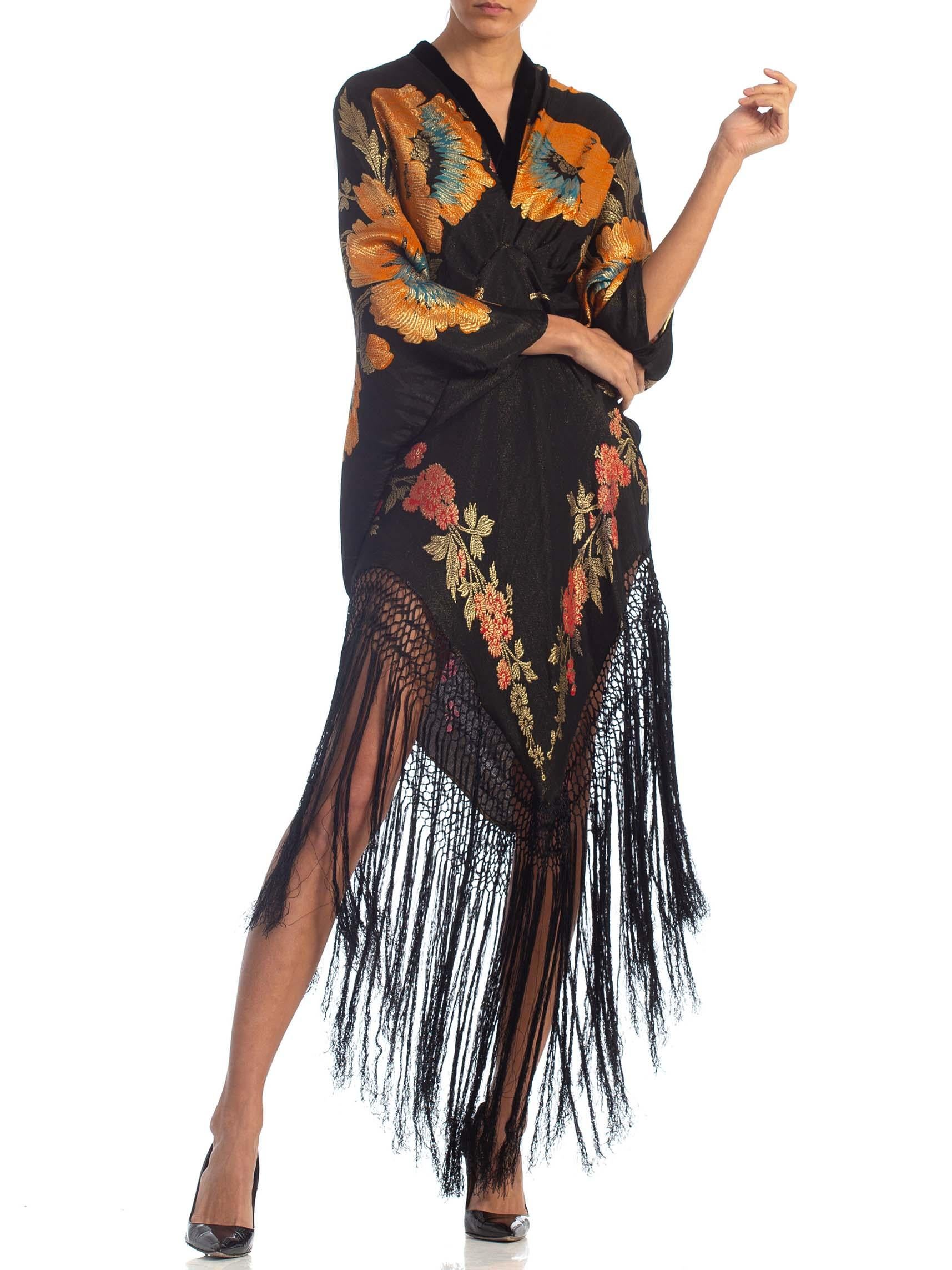 MORPHEW COLLECTION Floral Gold Lamé Silk Tunic Dress With Fringe 2