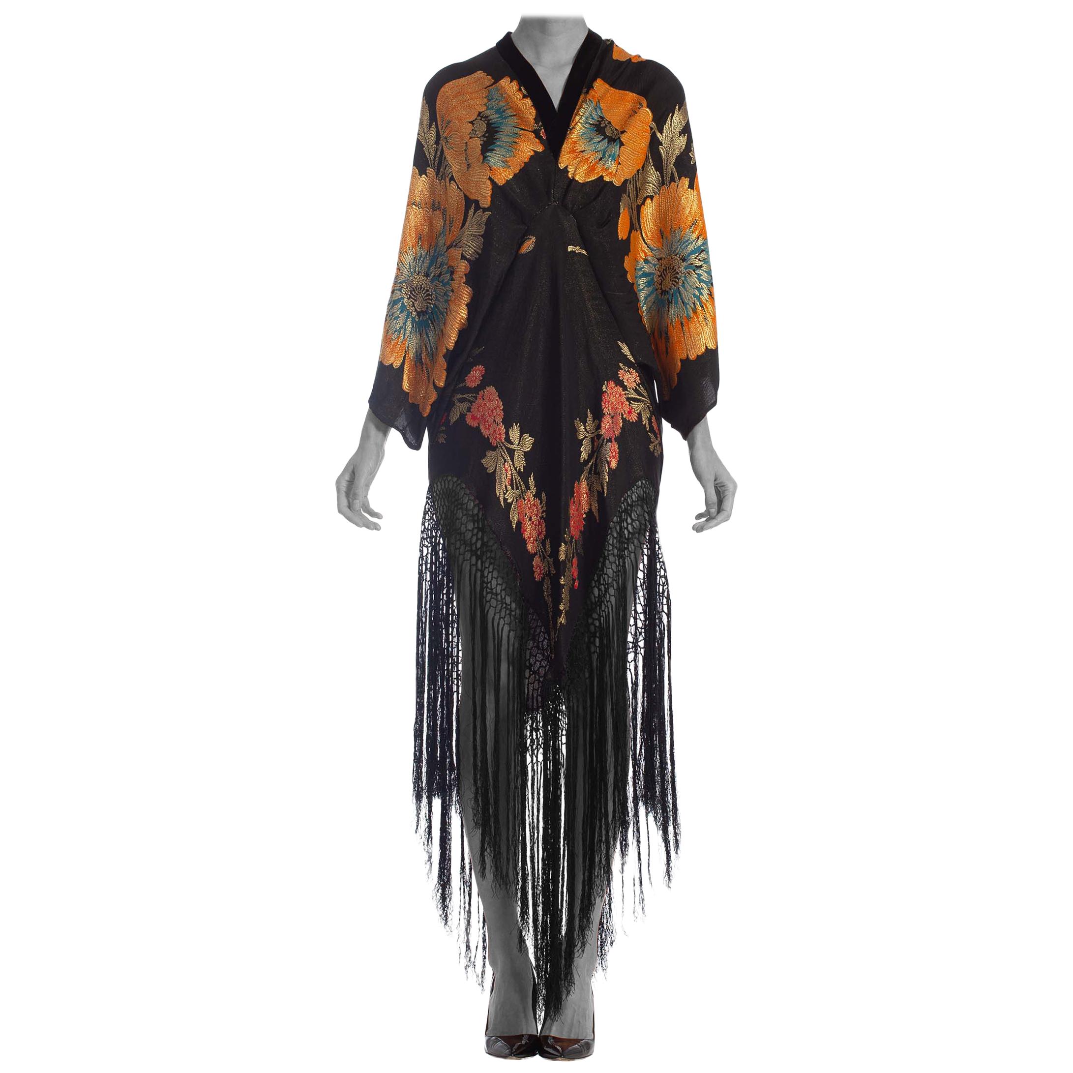 MORPHEW COLLECTION Floral Gold Lamé Silk Tunic Dress With Fringe