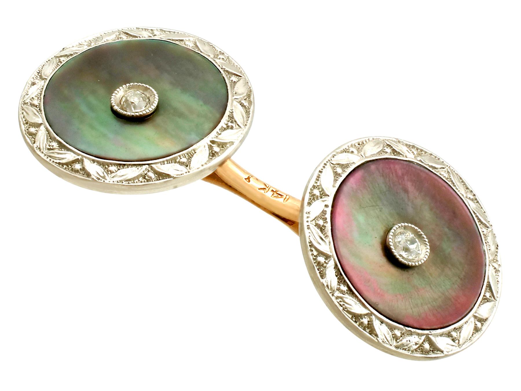 Men's 1920s Mother of Pearl and Diamond Yellow Gold Cufflinks For Sale