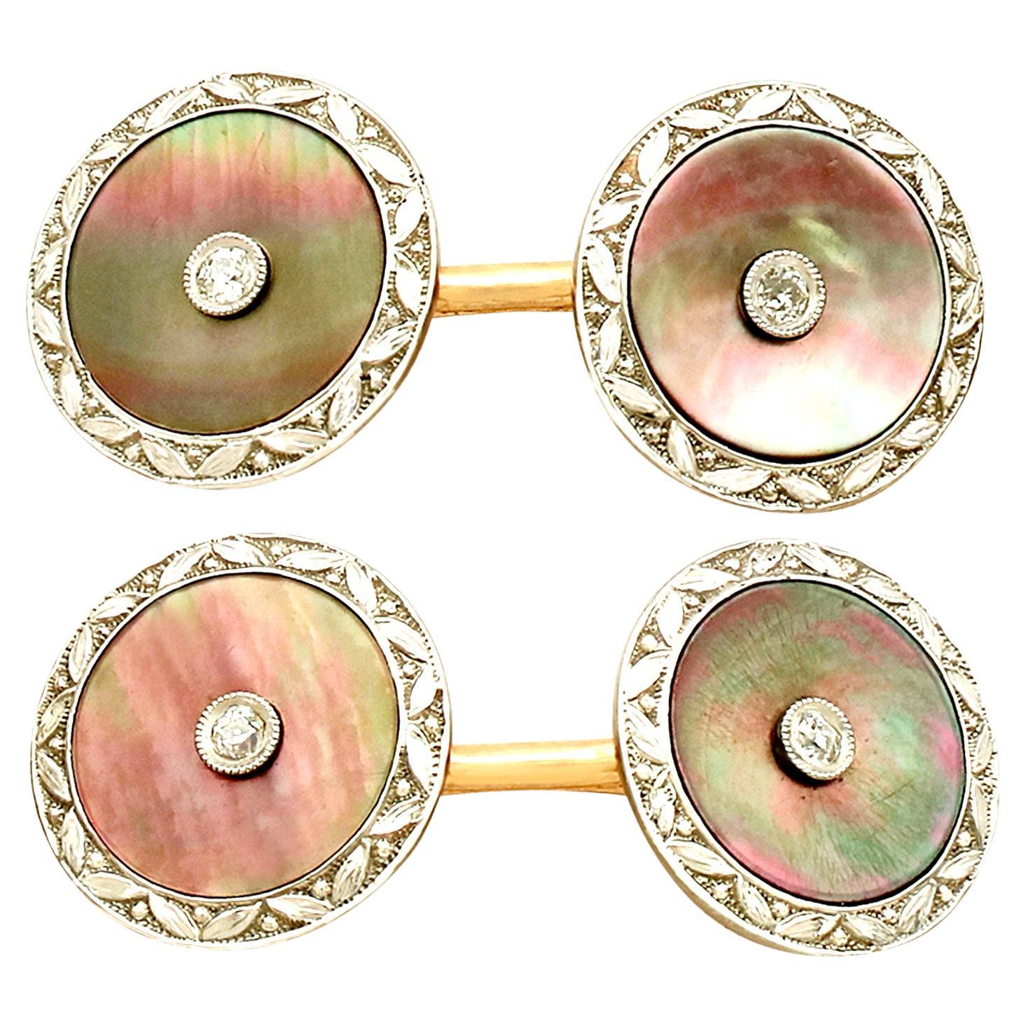 1920s Mother of Pearl and Diamond Yellow Gold Cufflinks For Sale