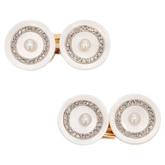 1920s Mother of Pearl Fine Pearls Diamonds 18 Karat Yellow Gold Cufflinks