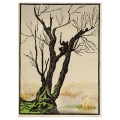 1920s Mountains & Tree Foggy Day Woodblock