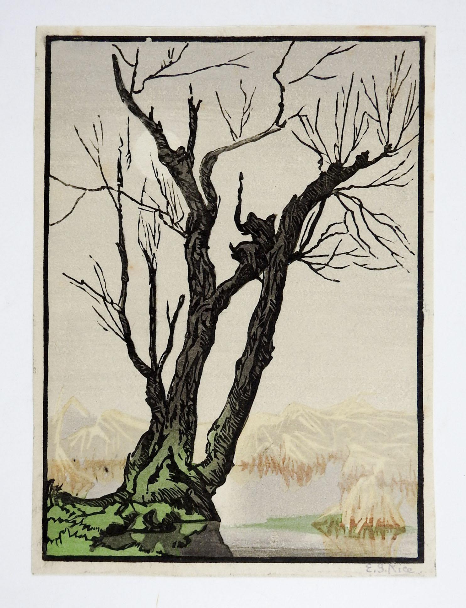 Berge und Baum Foggy Day Holzschnitt aus den 1920er Jahren (Arts and Crafts) im Angebot