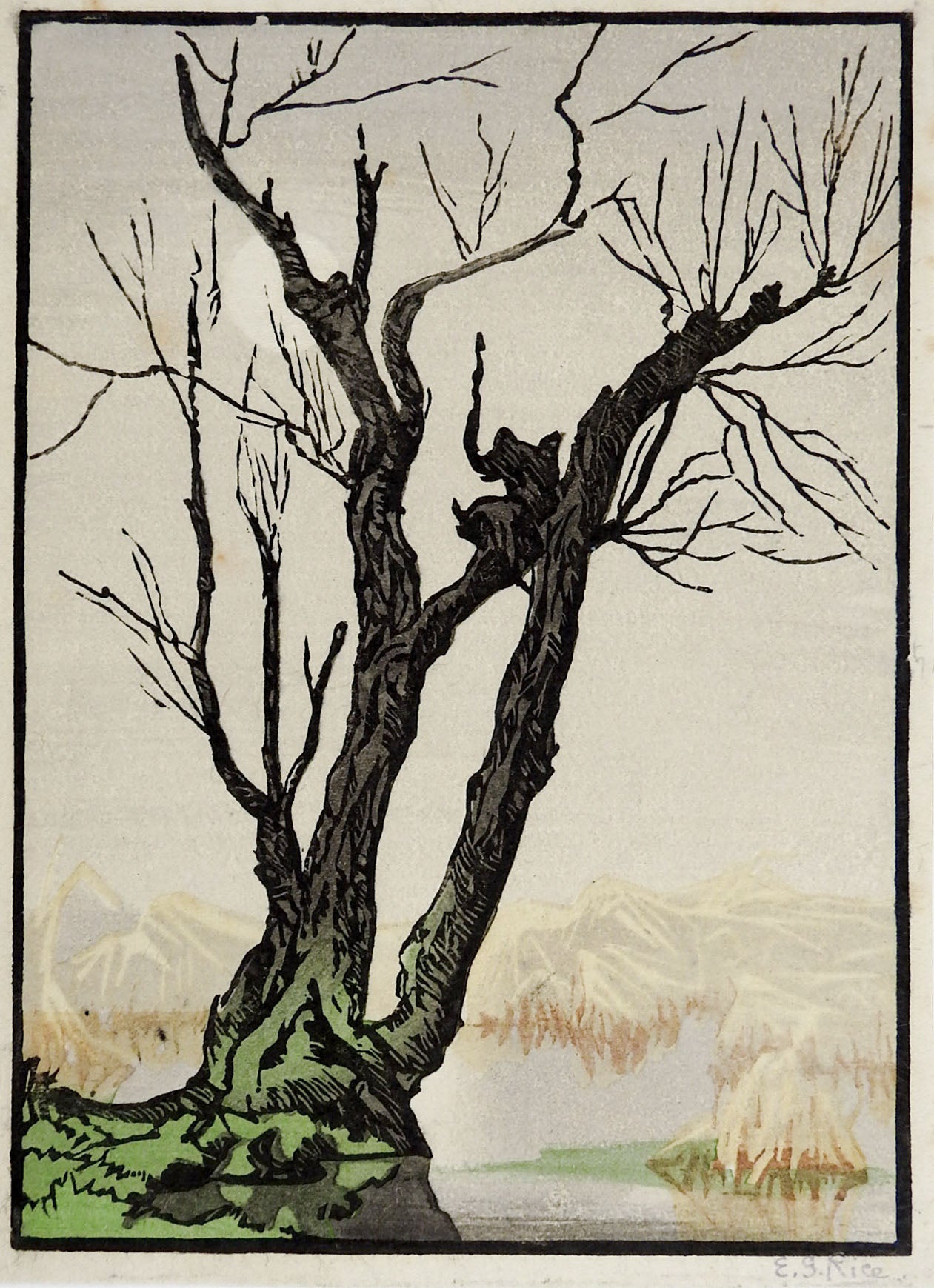 Berge und Baum Foggy Day Holzschnitt aus den 1920er Jahren im Angebot