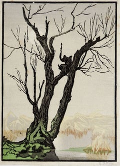 1920s Mountains & Tree Foggy Day Woodblock
