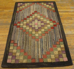 1920s Multicolored Geometric Medallion Antique American Hooked Rug 3'x5' Carpet