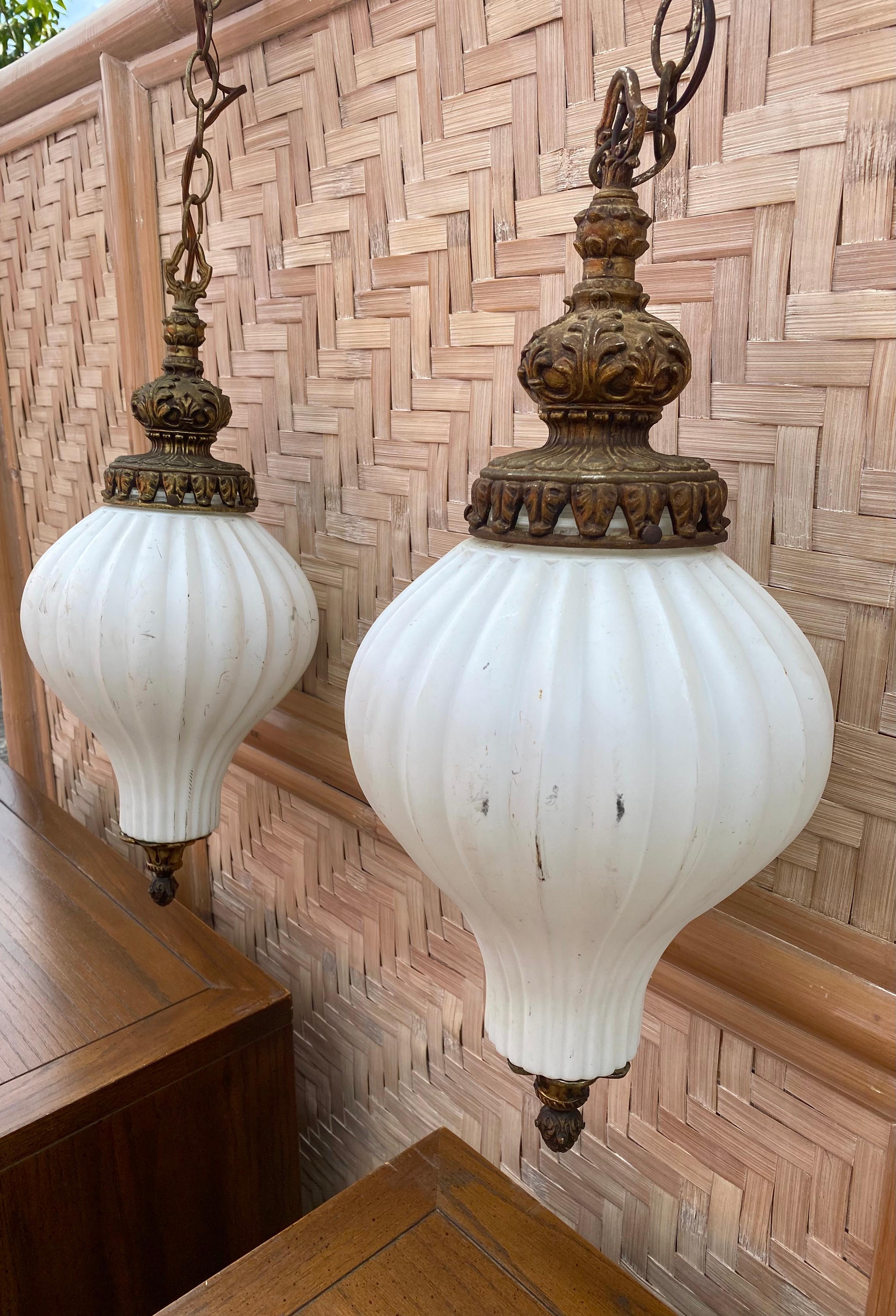 1920s Murano Onion Frosted White Glass Bronze Pendants, Set of 2 For Sale 3
