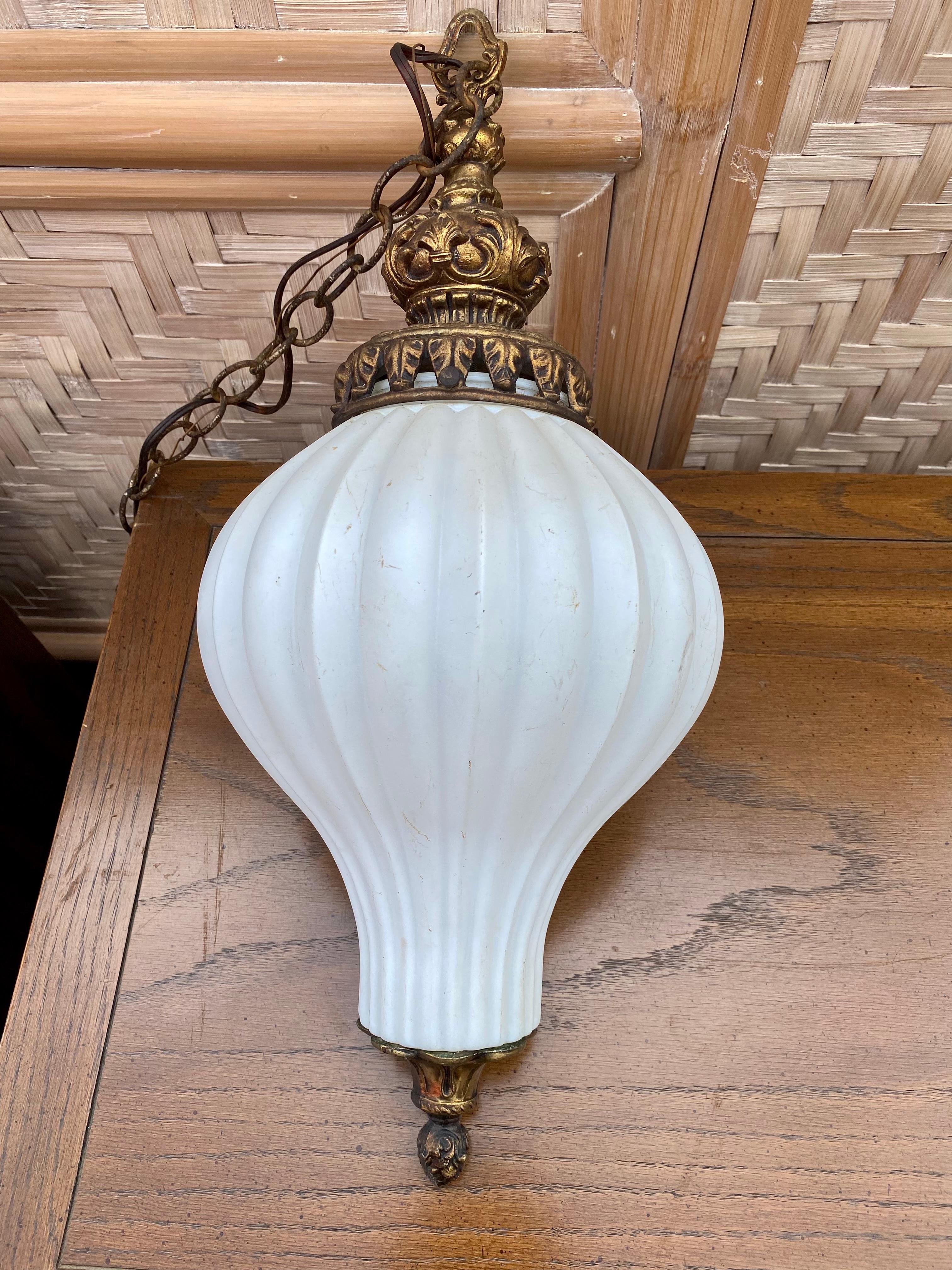 1920s Murano Onion Frosted White Glass Bronze Pendants, Set of 2 For Sale 4