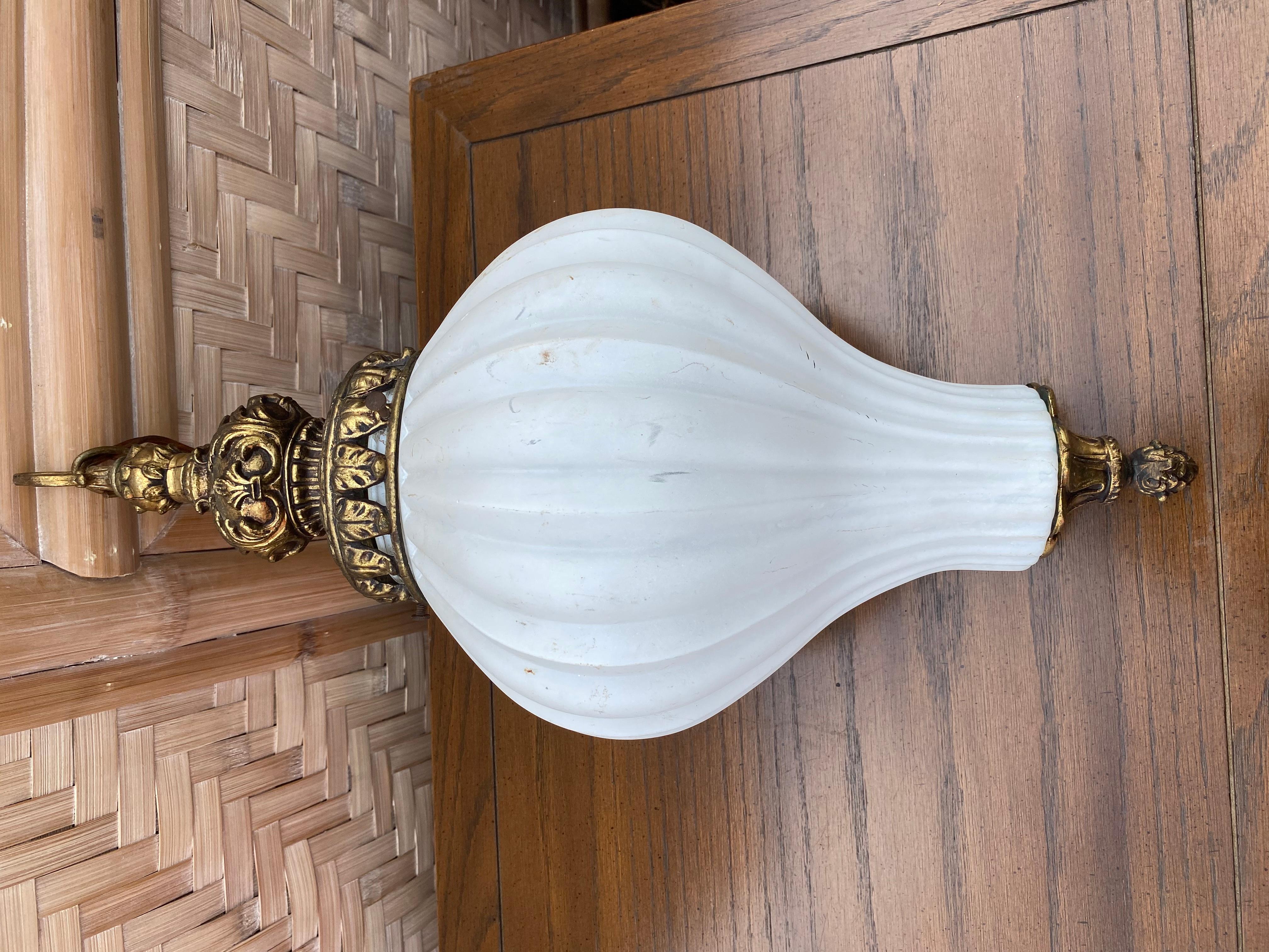 1920s Murano Onion Frosted White Glass Bronze Pendants, Set of 2 For Sale 9