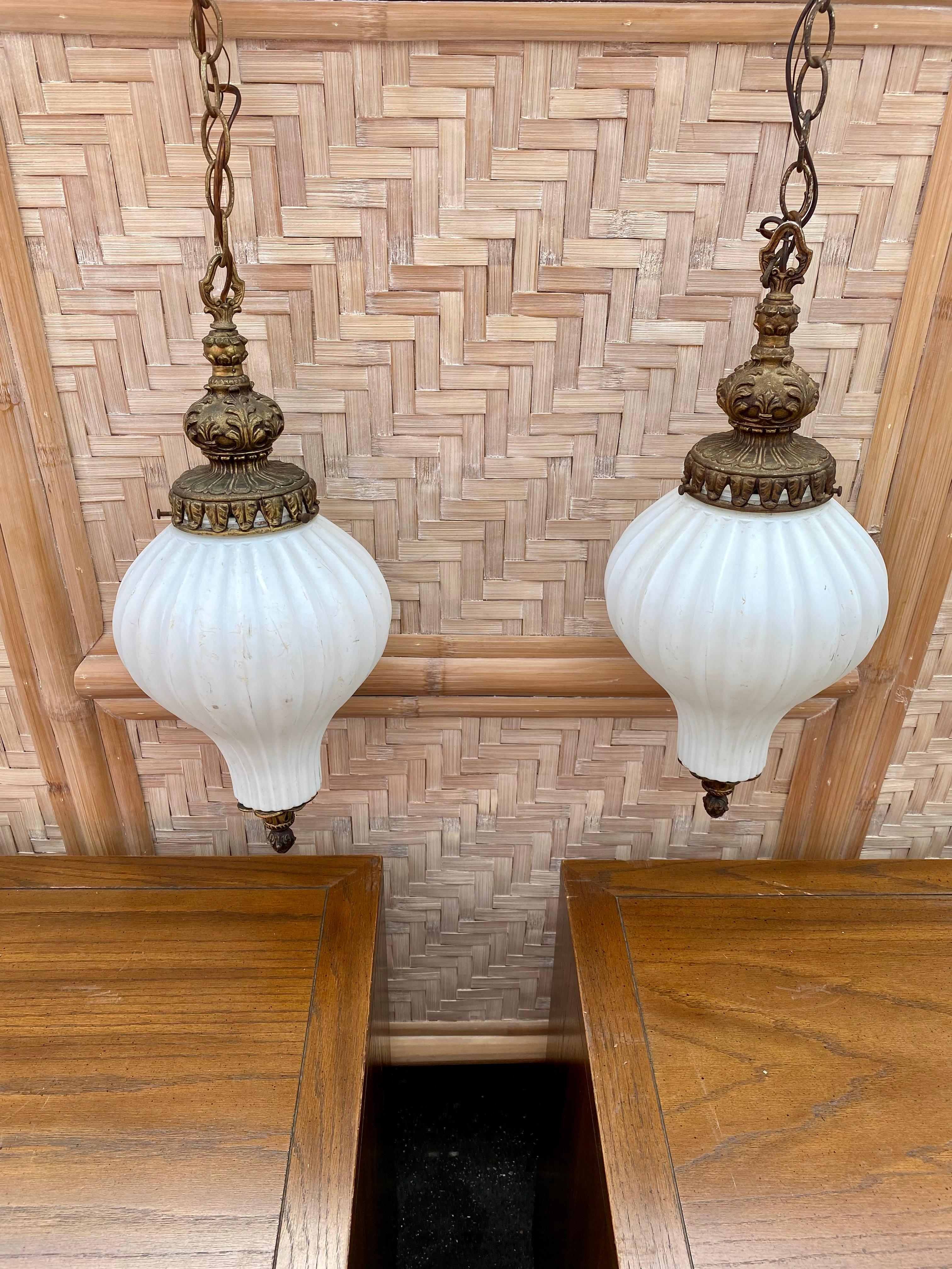 Art Deco 1920s Murano Onion Frosted White Glass Bronze Pendants, Set of 2 For Sale