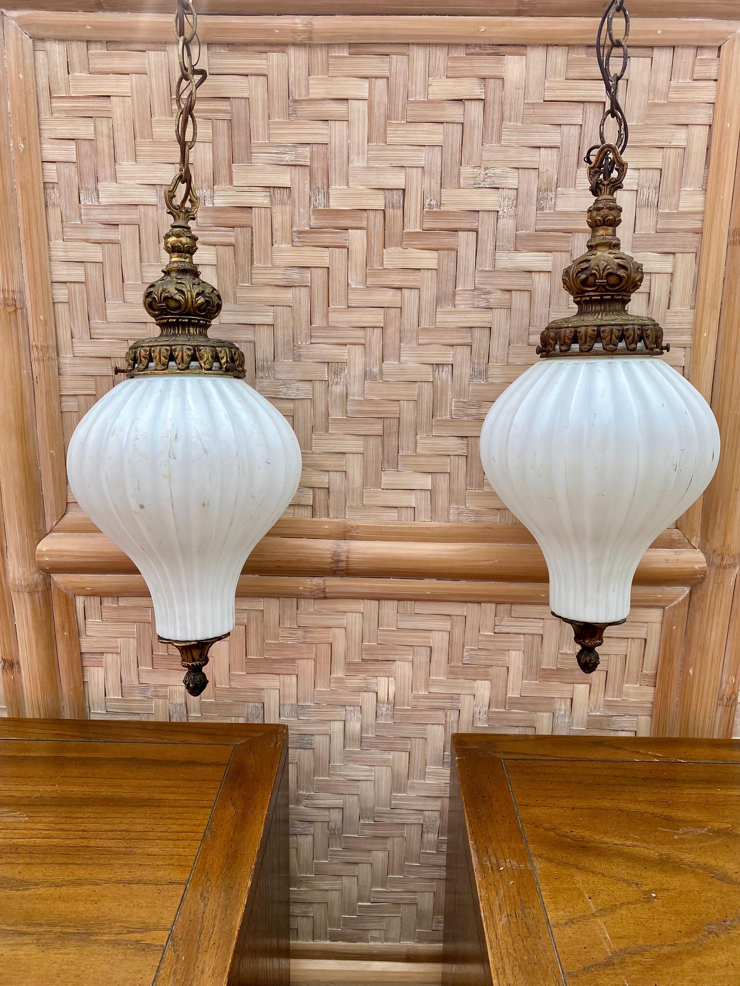 Italian 1920s Murano Onion Frosted White Glass Bronze Pendants, Set of 2 For Sale