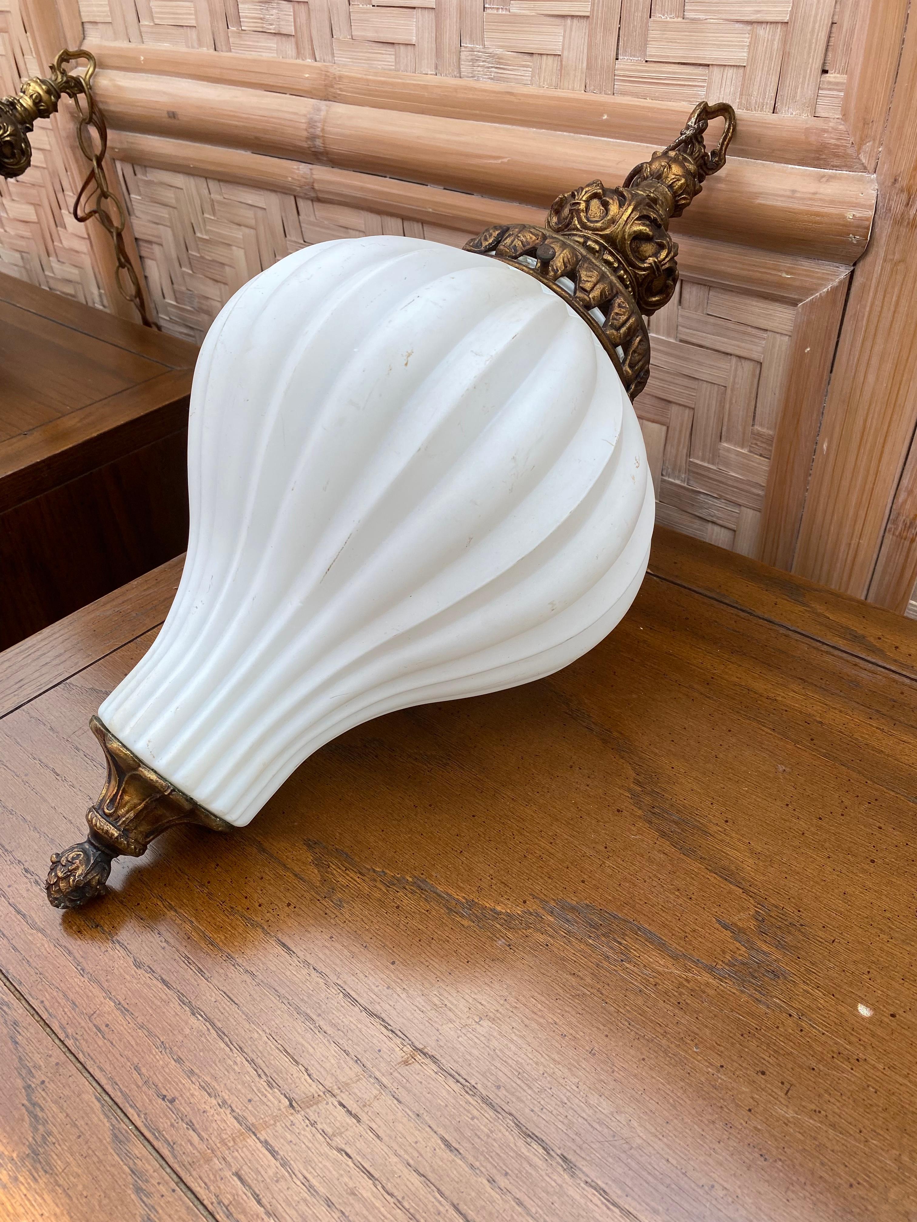1920s Murano Onion Frosted White Glass Bronze Pendants, Set of 2 For Sale 1