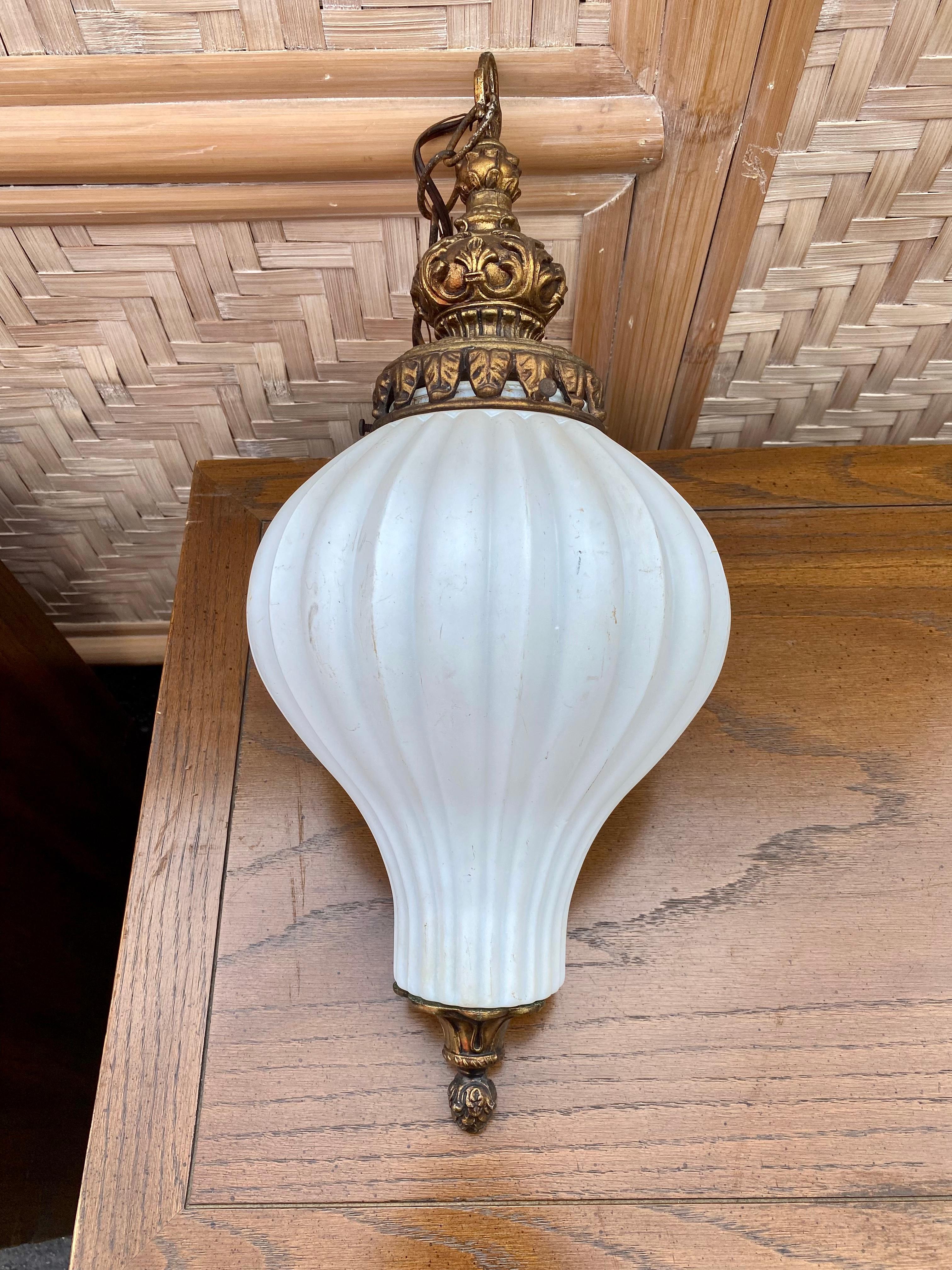 1920s Murano Onion Frosted White Glass Bronze Pendants, Set of 2 For Sale 2