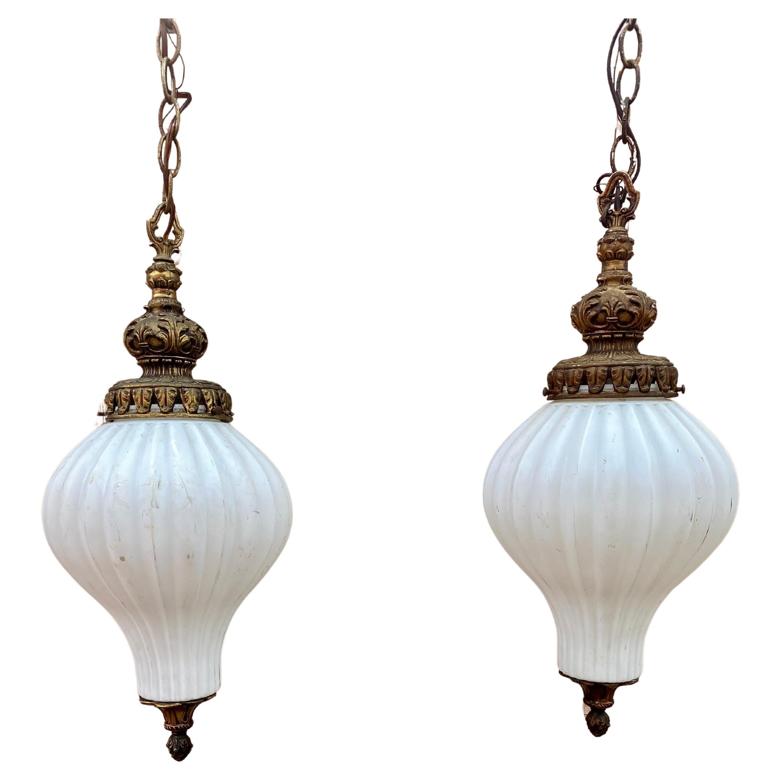 1920s Murano Onion Frosted White Glass Bronze Pendants, Set of 2 For Sale