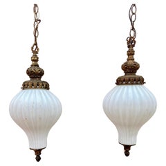 Antique 1920s Murano Onion Frosted White Glass Bronze Pendants, Set of 2