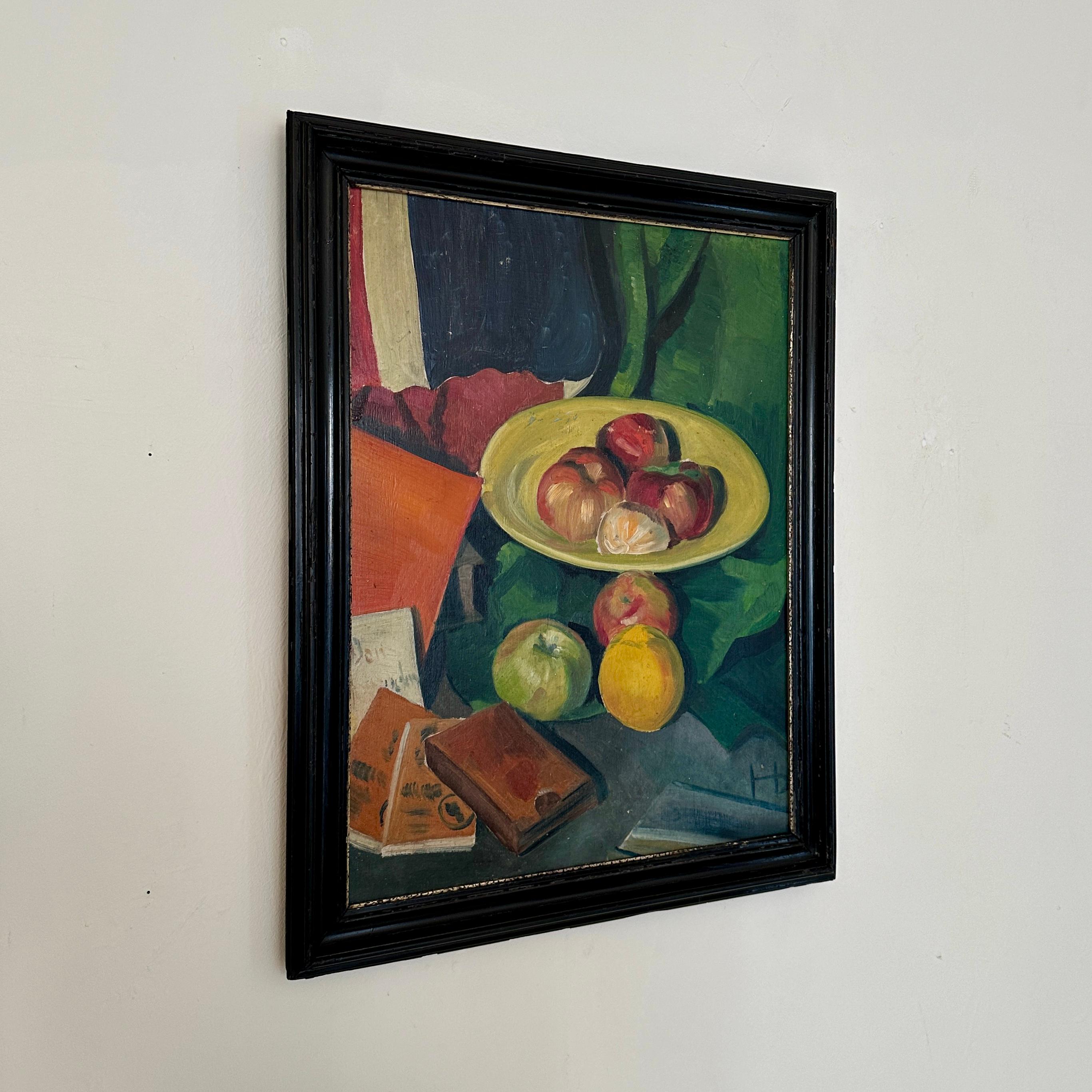 German 1920s Naive Still Life Oil Painting with Fruits and Books in a Black Frame For Sale