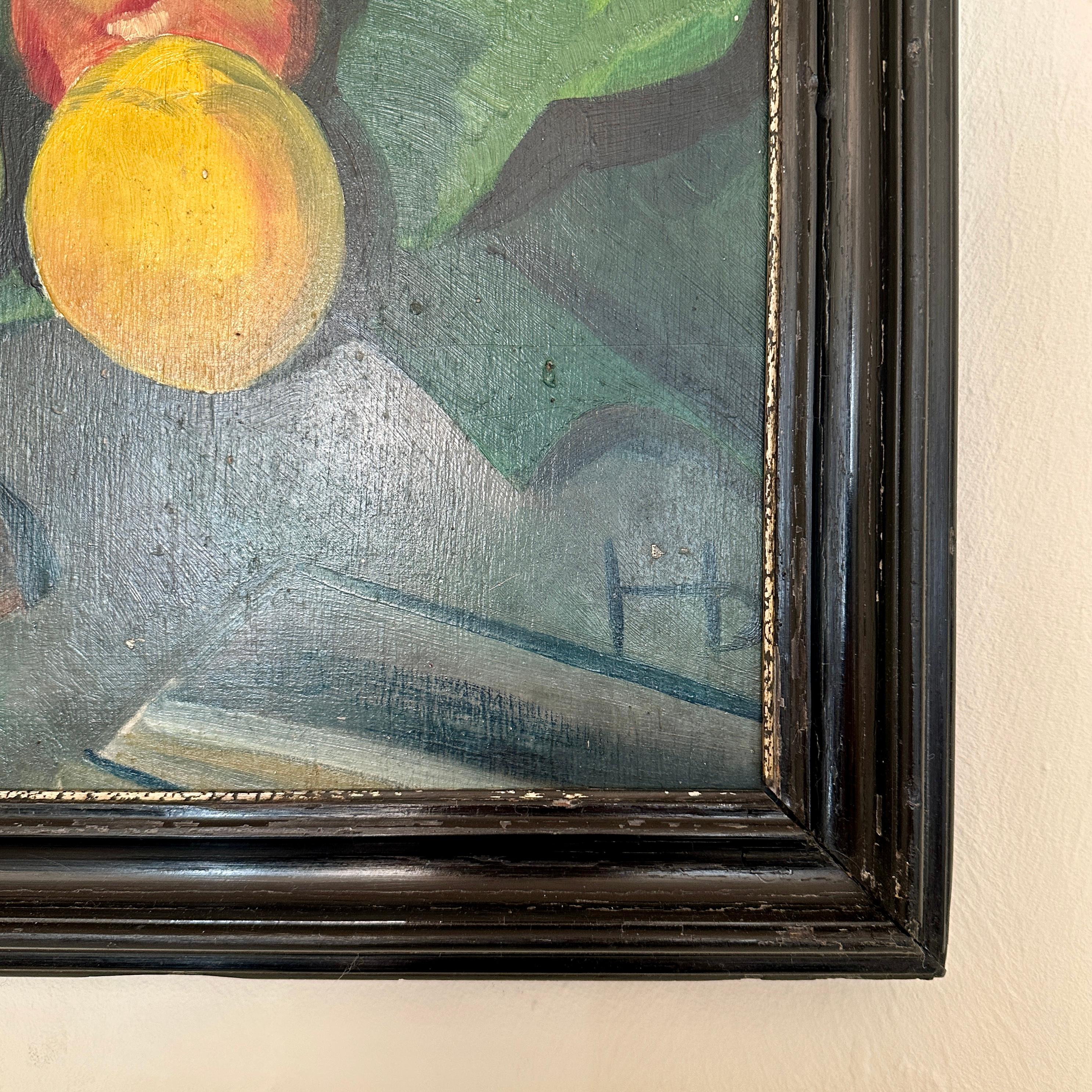 1920s Naive Still Life Oil Painting with Fruits and Books in a Black Frame In Good Condition For Sale In Berlin, DE