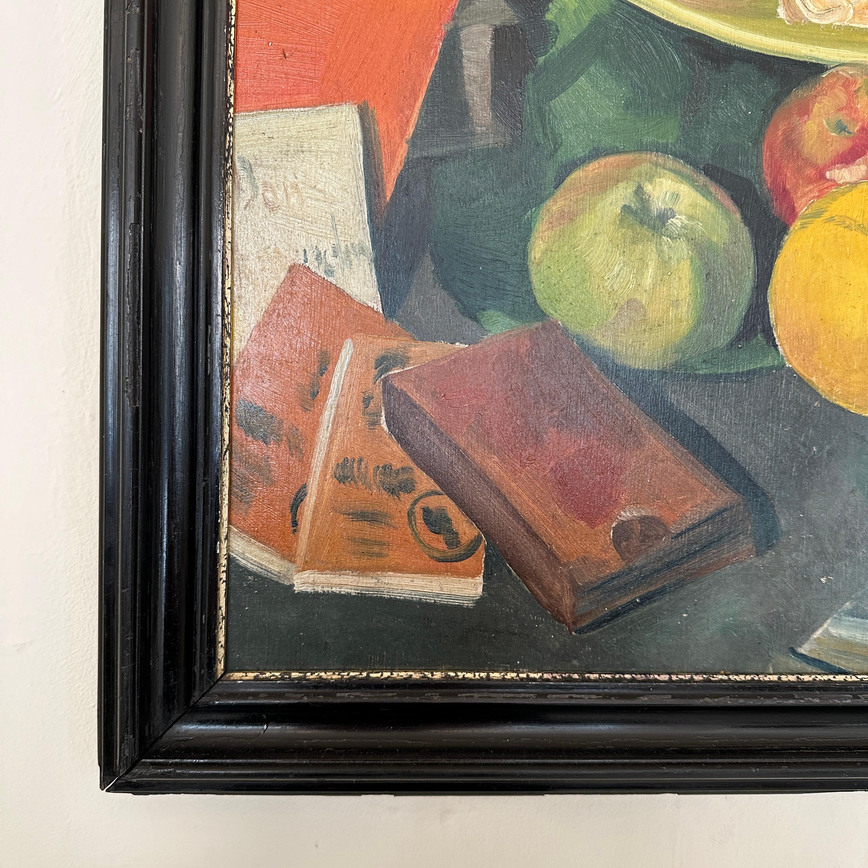 Early 20th Century 1920s Naive Still Life Oil Painting with Fruits and Books in a Black Frame For Sale