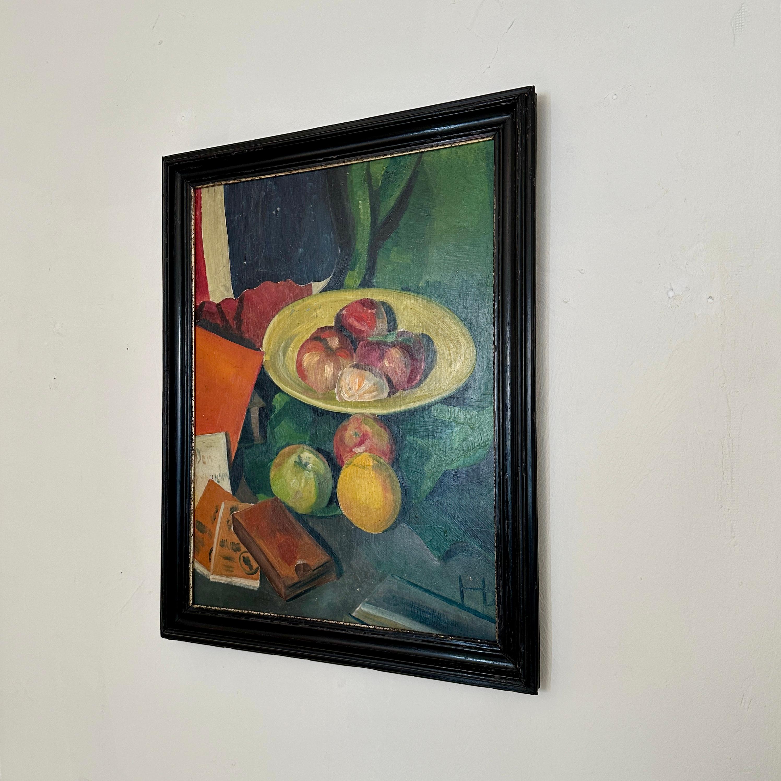 Pine 1920s Naive Still Life Oil Painting with Fruits and Books in a Black Frame For Sale
