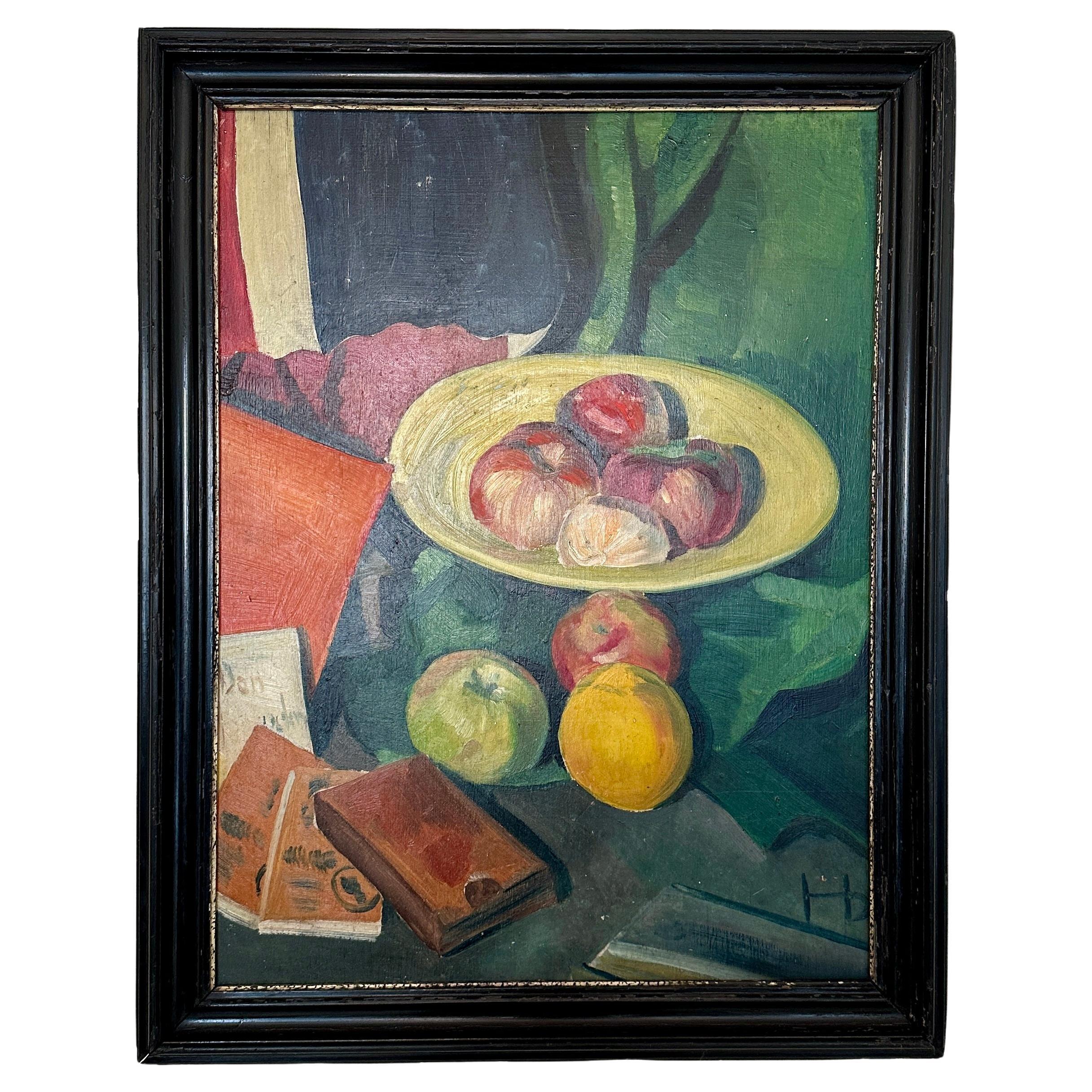 1920s Naive Still Life Oil Painting with Fruits and Books in a Black Frame For Sale
