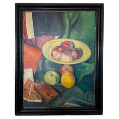 Antique 1920s Naive Still Life Oil Painting with Fruits and Books in a Black Frame