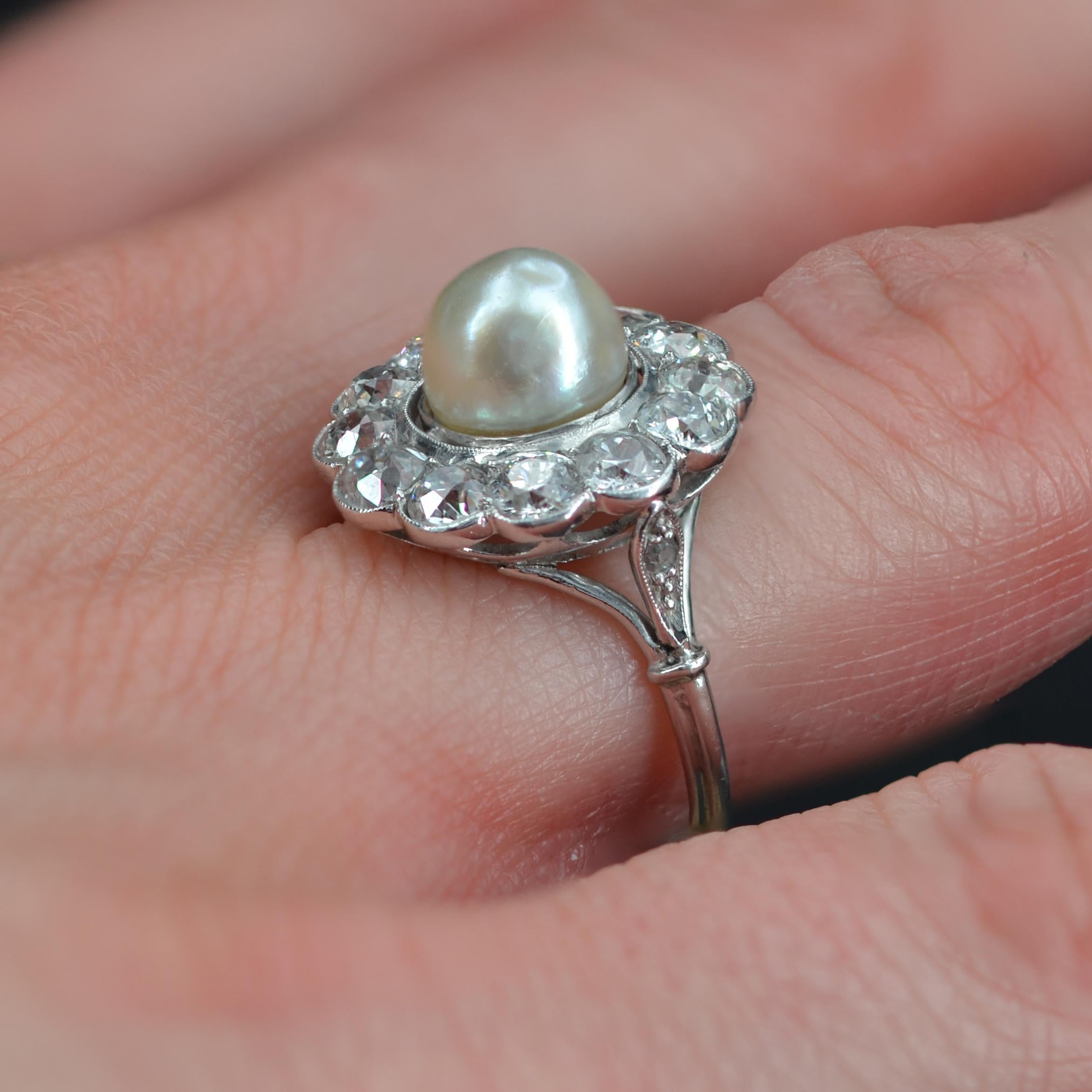 1920s Natural Pearl Diamonds 18 Karat White Gold Platinum Daisy Ring 1