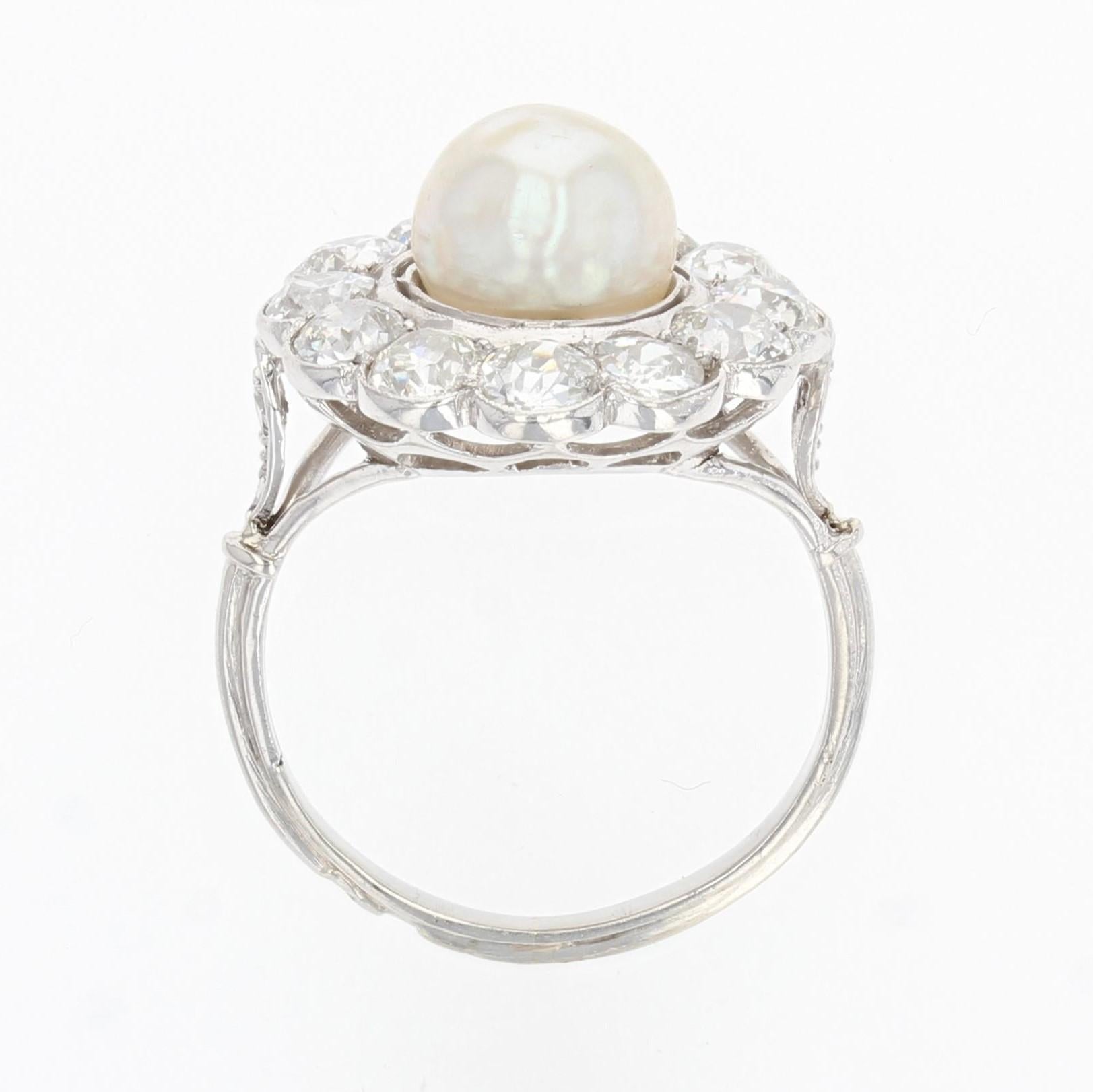 1920s Natural Pearl Diamonds 18 Karat White Gold Platinum Daisy Ring 2