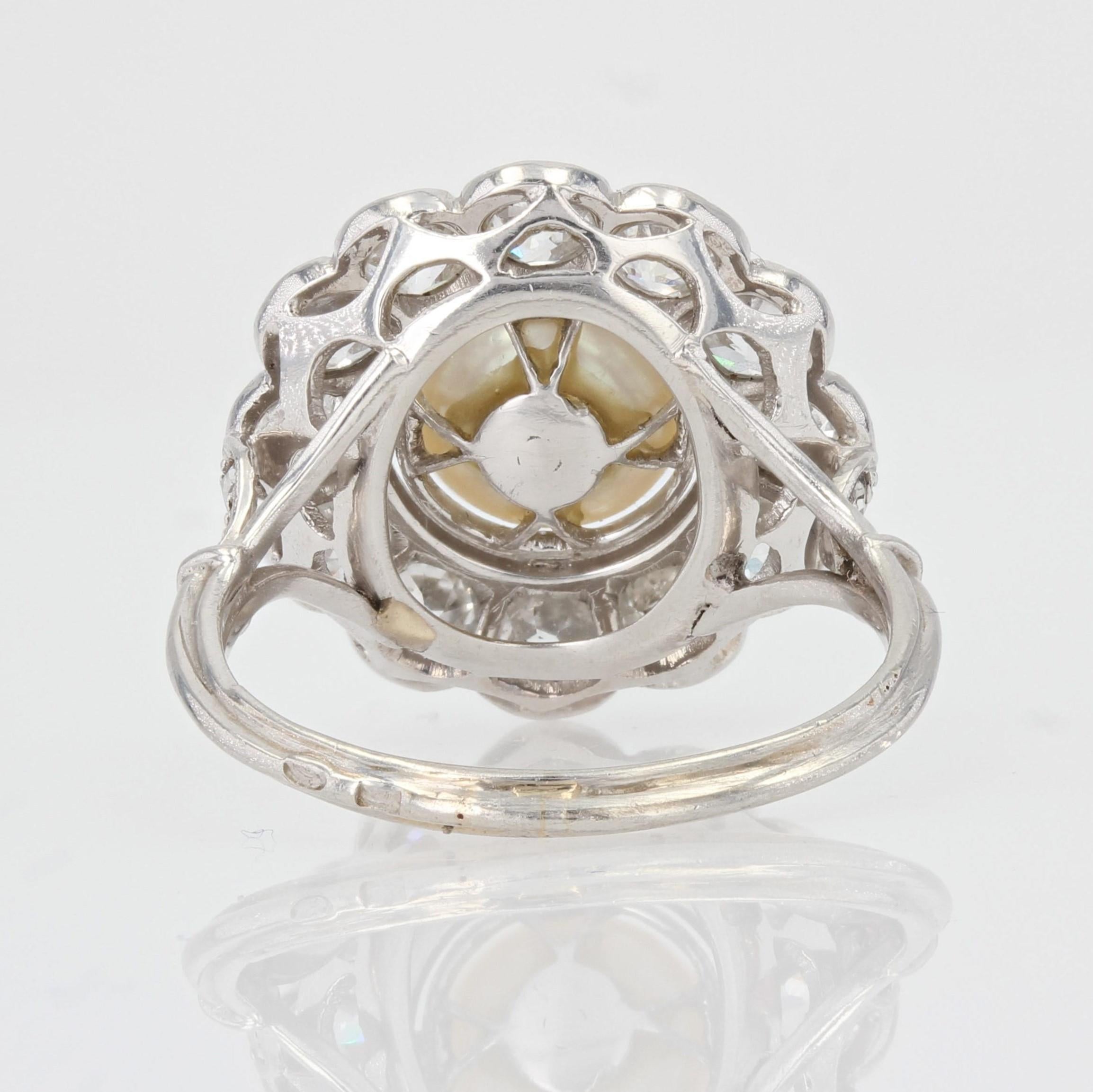 1920s Natural Pearl Diamonds 18 Karat White Gold Platinum Daisy Ring 3
