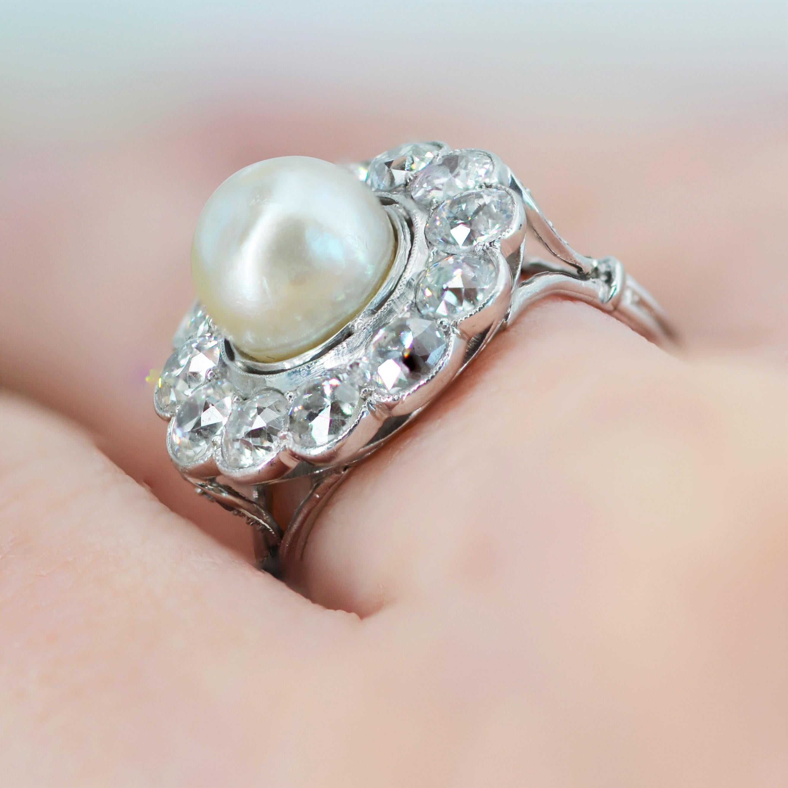 1920s Natural Pearl Diamonds 18 Karat White Gold Platinum Daisy Ring 4