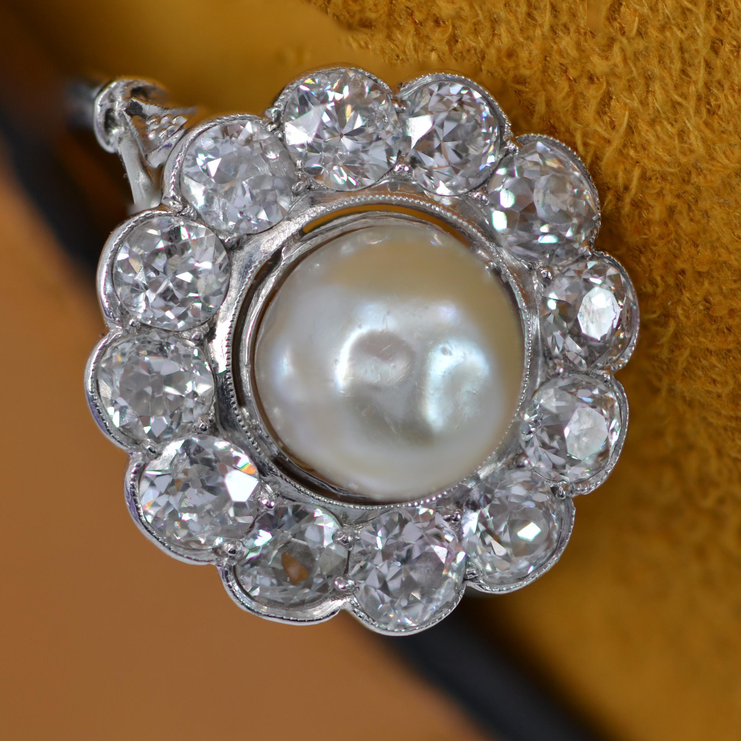 1920s Natural Pearl Diamonds 18 Karat White Gold Platinum Daisy Ring 6