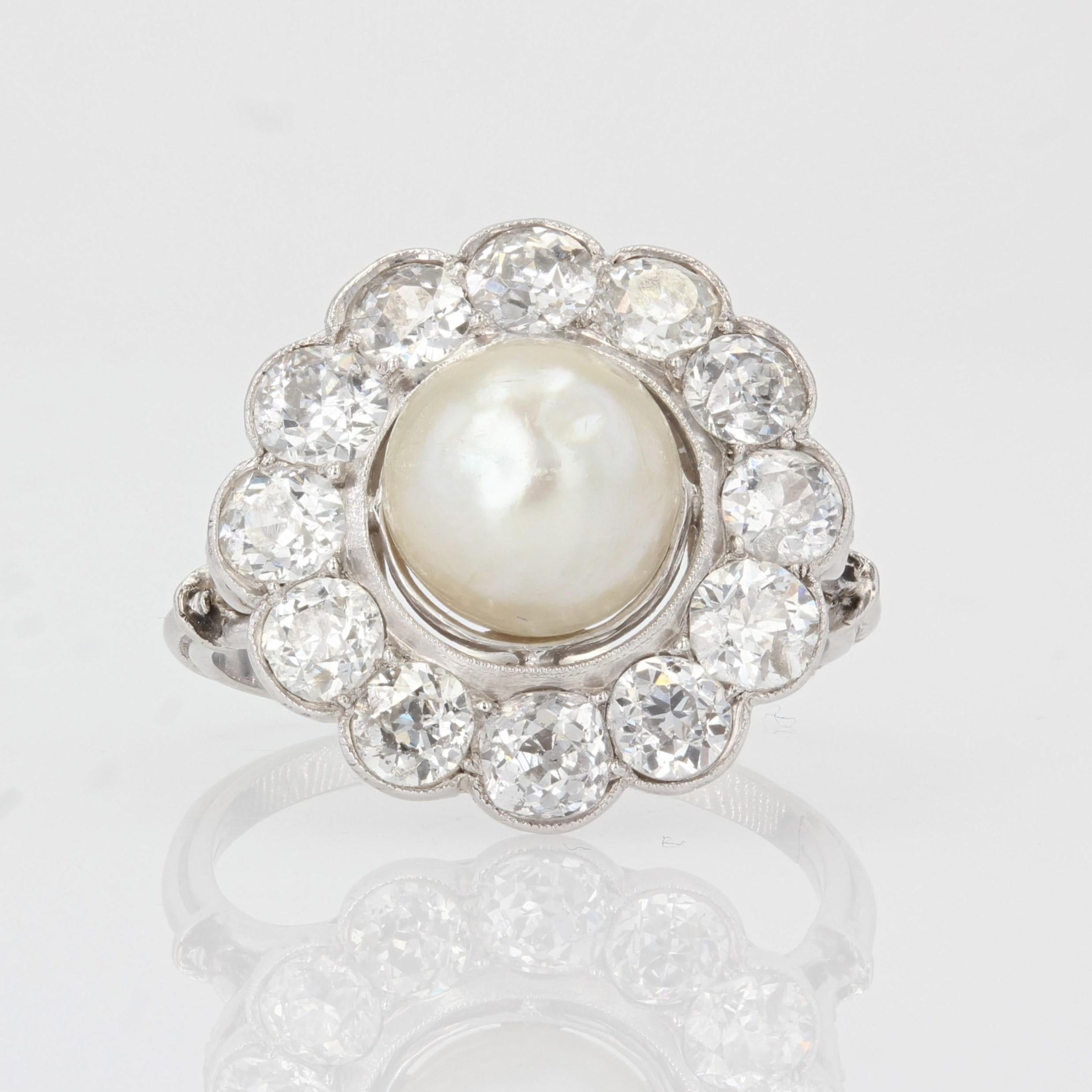 1920s Natural Pearl Diamonds 18 Karat White Gold Platinum Daisy Ring 7