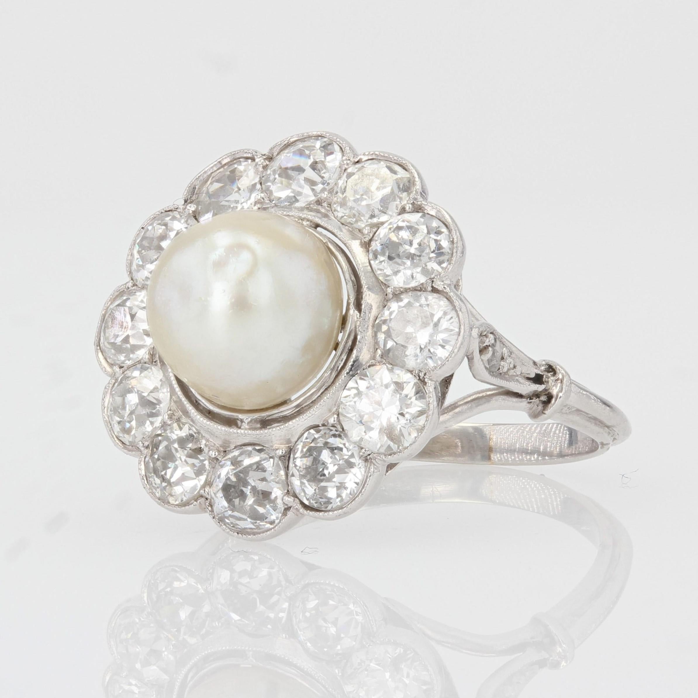 Bead 1920s Natural Pearl Diamonds 18 Karat White Gold Platinum Daisy Ring