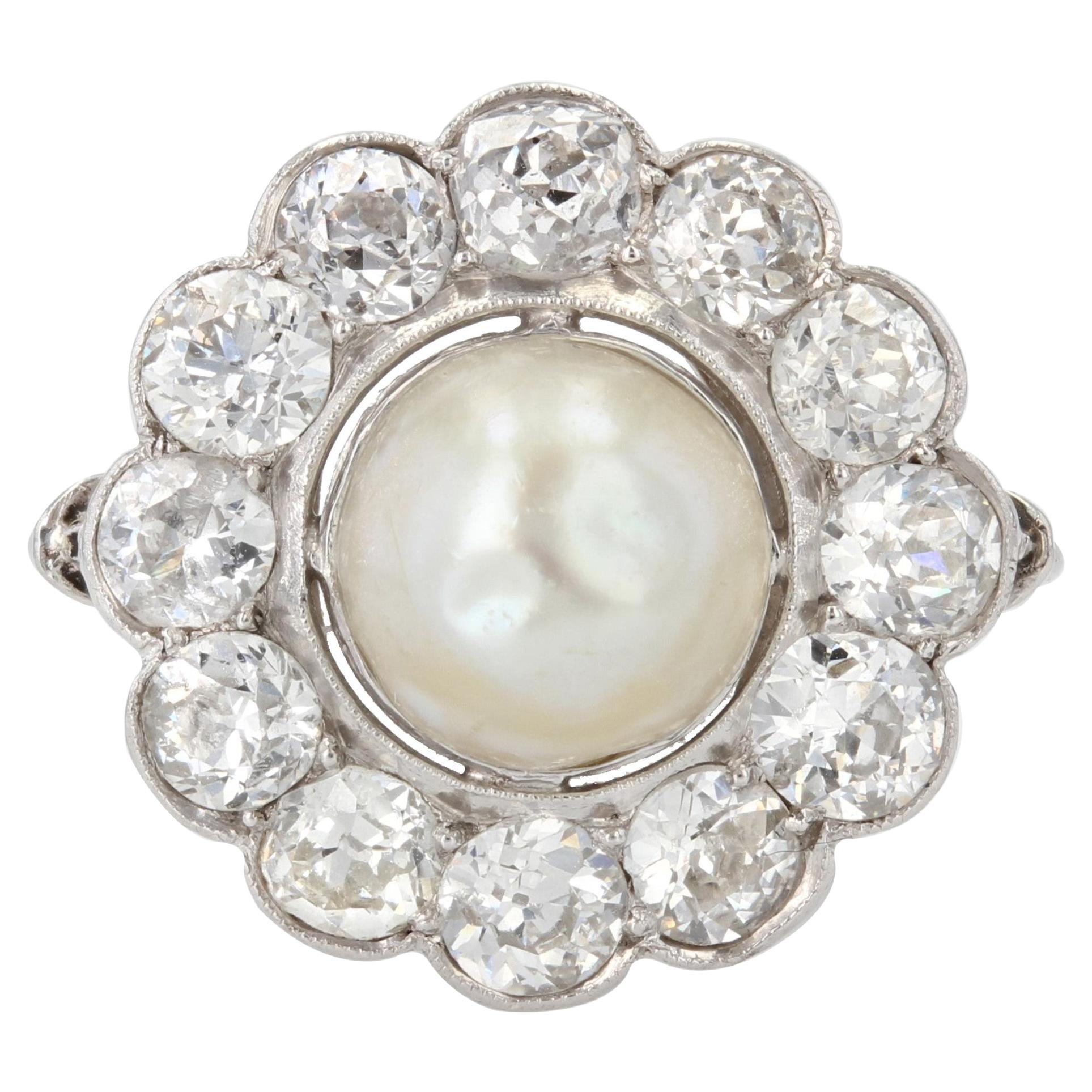 1920s Natural Pearl Diamonds 18 Karat White Gold Platinum Daisy Ring